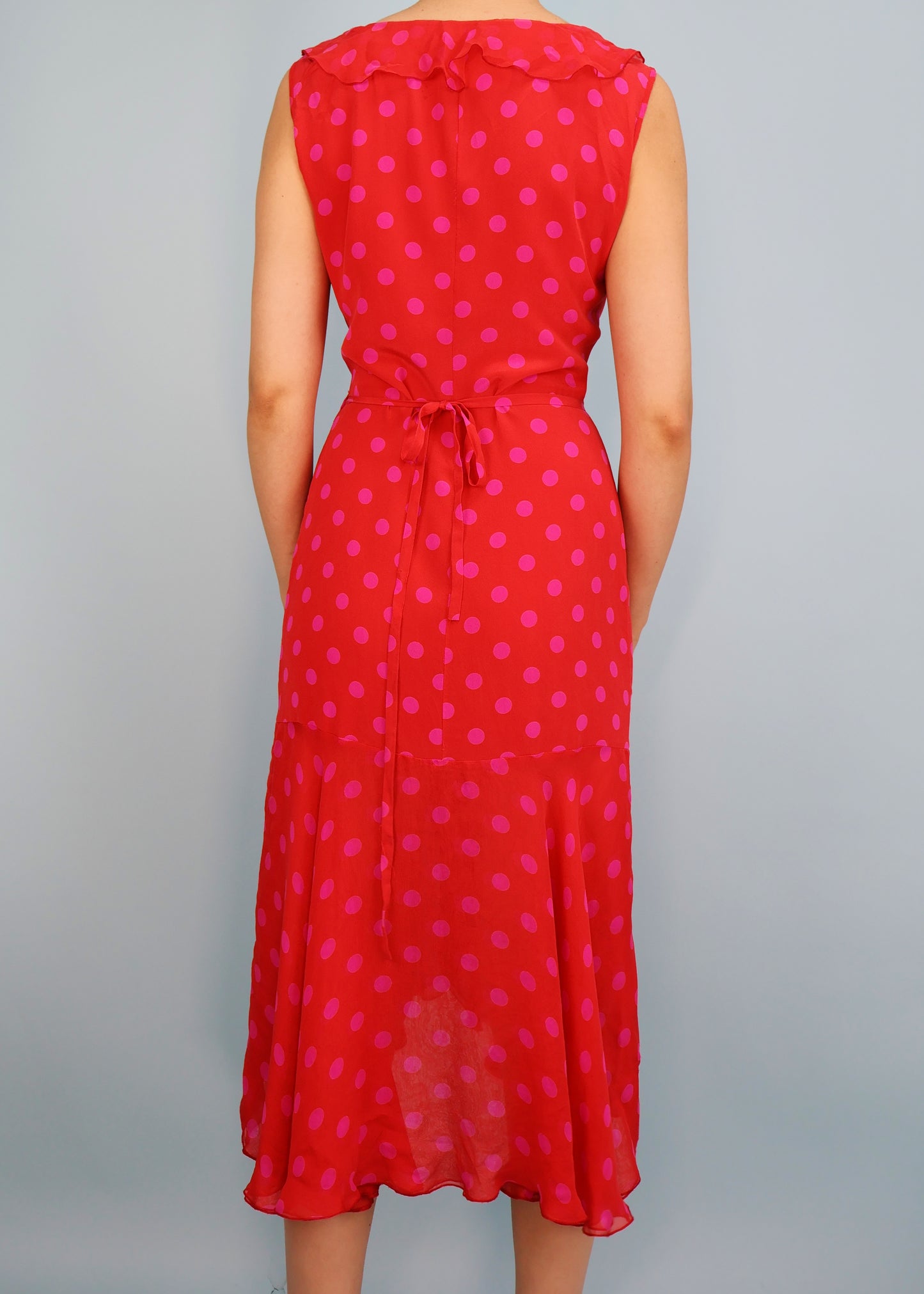 Emanuel Ungaro Spring 2000 Red & Pink Polkadot Silk Chiffon Wrap Dress