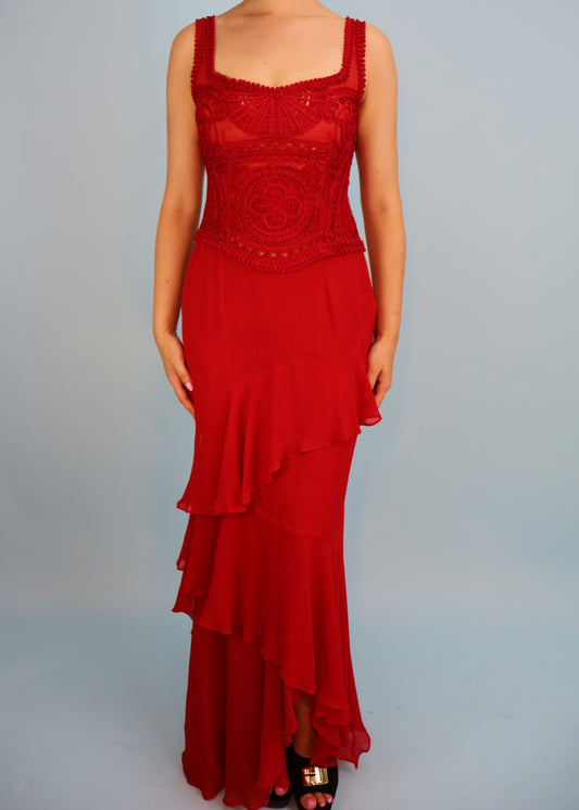 Dior Spring 1996 Red Embroidered Silk Layered Gown