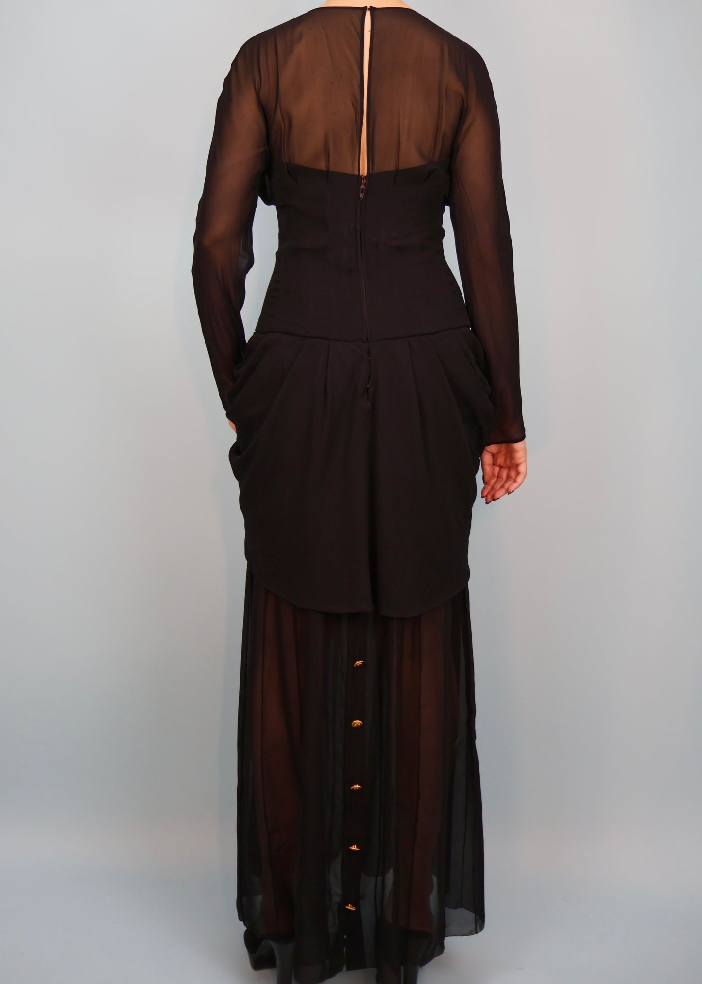 Chanel Fall 1989 Runway Black Silk Chiffon Corseted Draped Gown