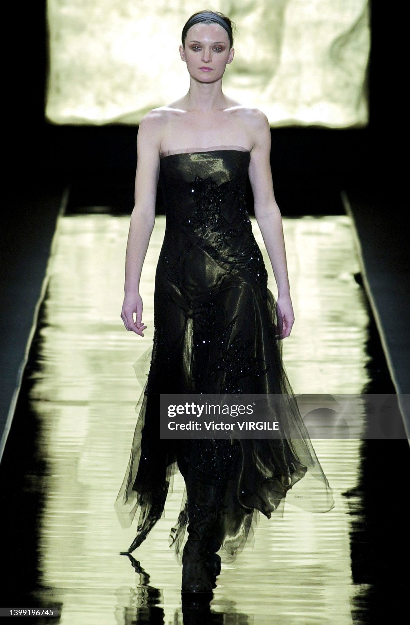 Donna Karan Fall 2001 Runway Embellished Black Tulle & Gold Lamé Dress