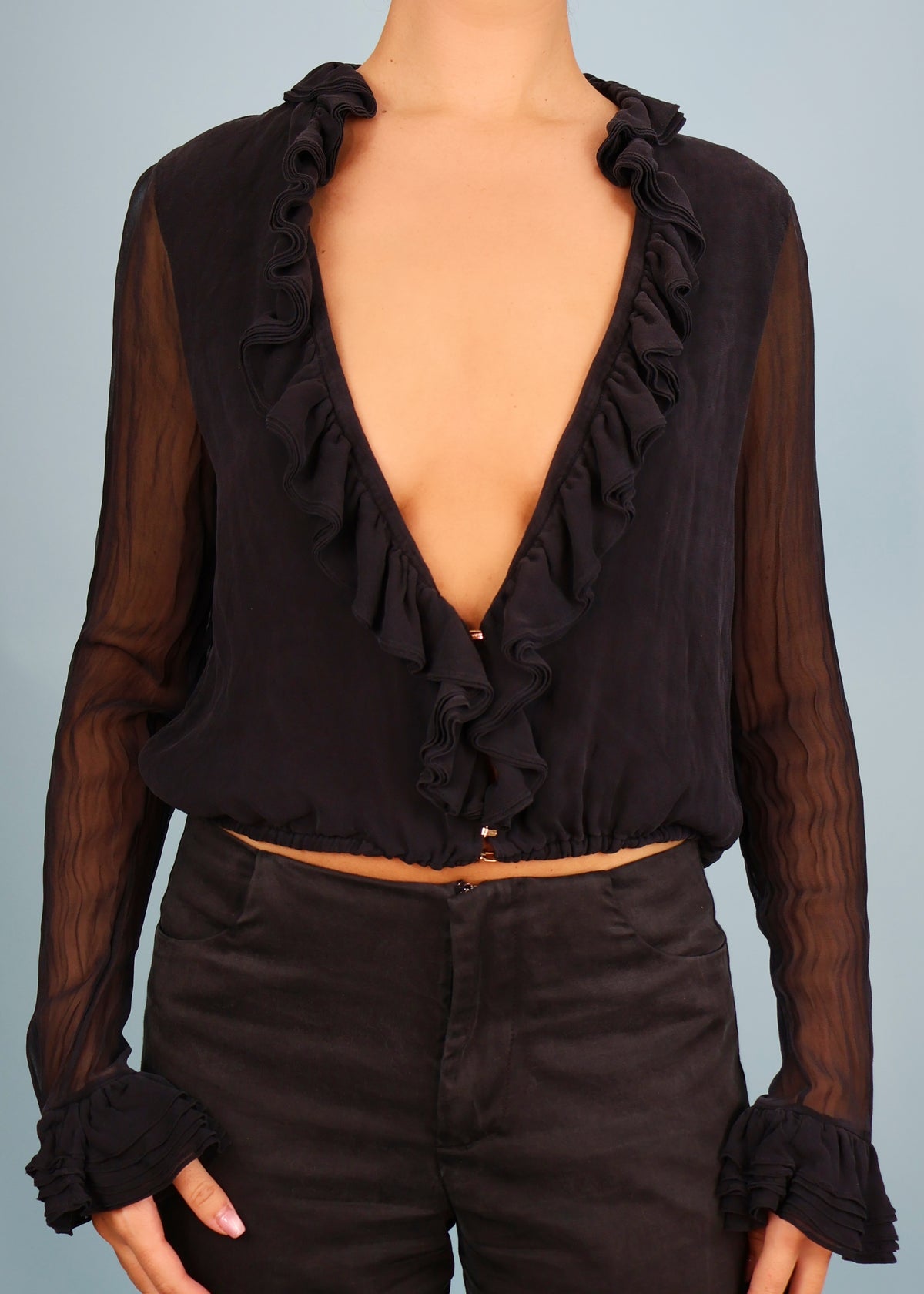 Gucci Fall 2000 Runway Black Silk Ruffle Plunge Blouse Top