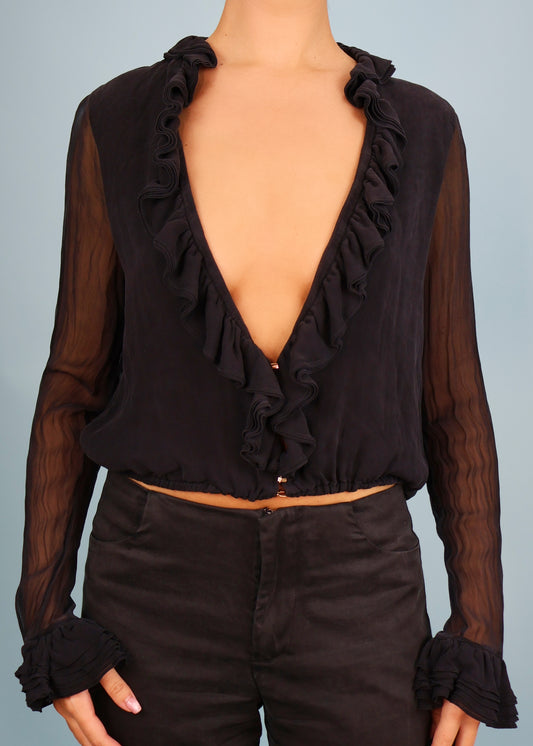 Gucci Fall 2000 Runway Black Silk Ruffle Plunge Blouse Top