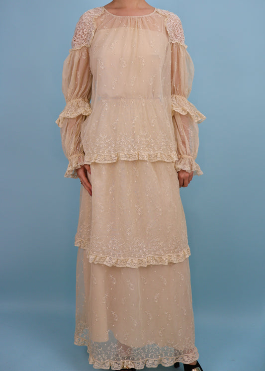 Chloé Spring 1978 Runway Cream Embroidered Lace Blouse, Tiered Skirt & Slip Dress Set
