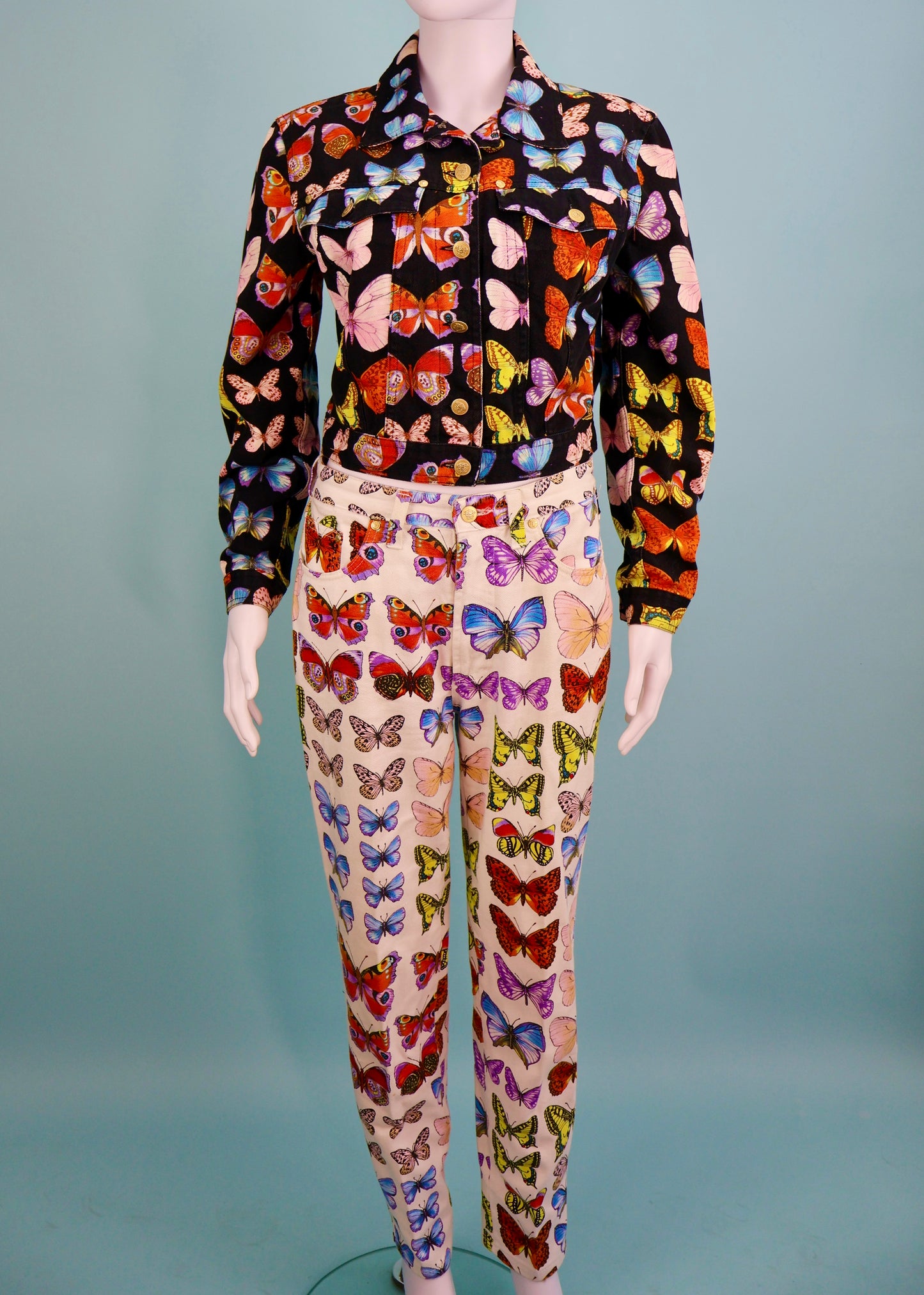 Versace Spring 1995 Butterfly Print Denim Jacket & Jeans Set