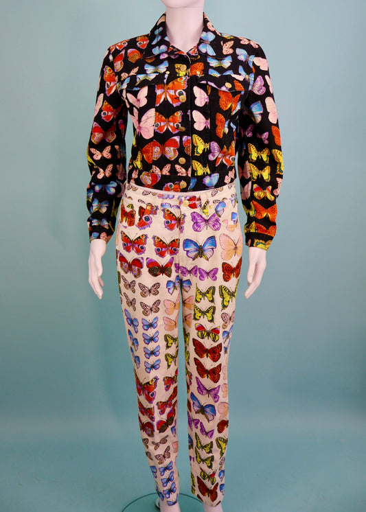 Versace Spring 1995 Butterfly Print Denim Jacket & Jeans Set