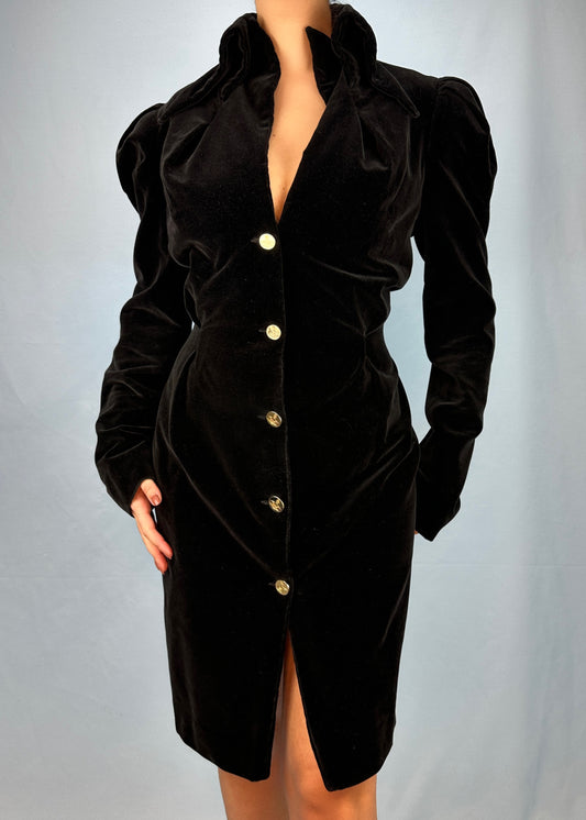 Vivienne Westwood Fall 1995 Black Velvet Gold Orb Button Jacket / Dress