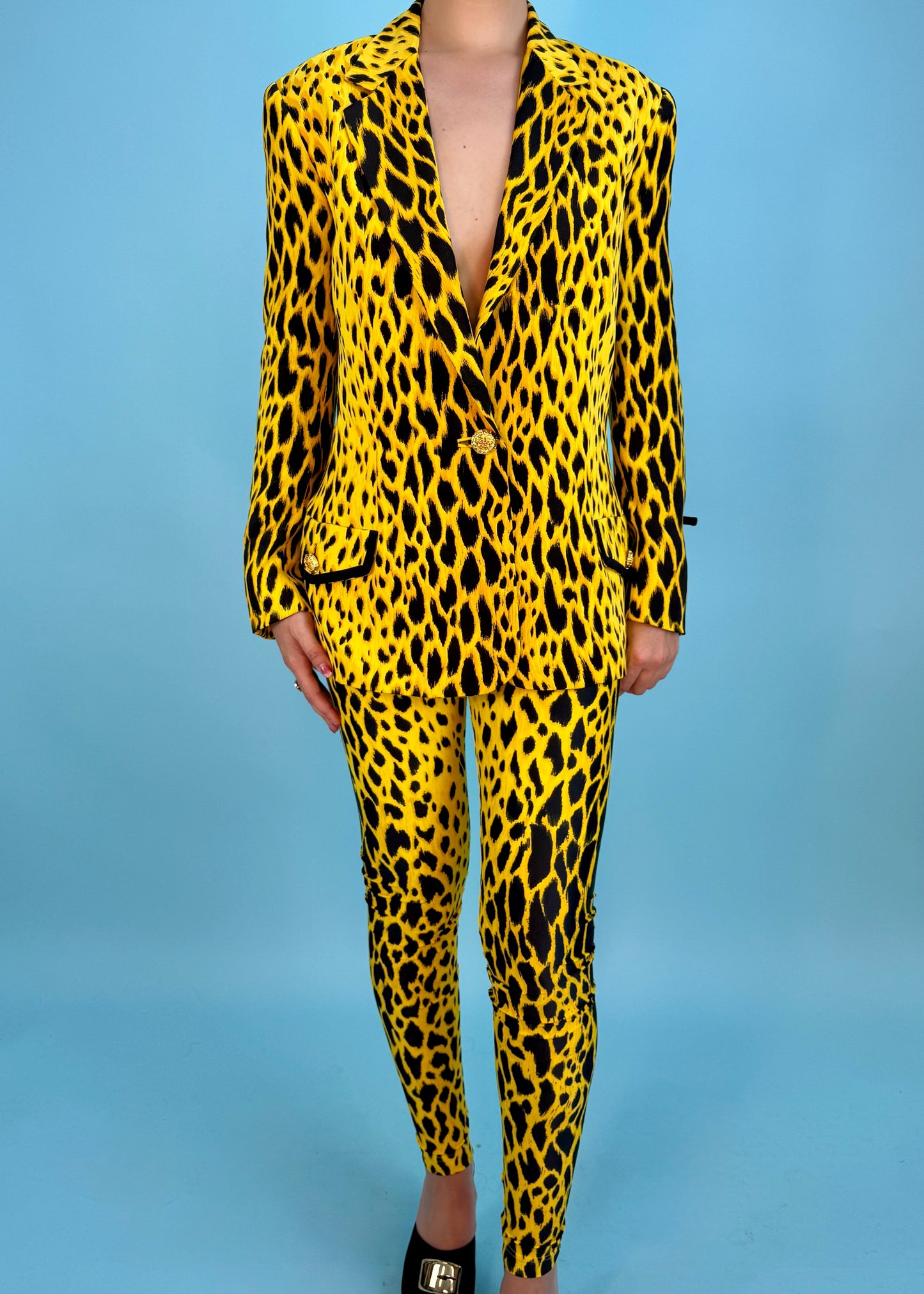 Versace Spring 1992 Runway Yellow Cheetah Print Jacket & Leggings Set