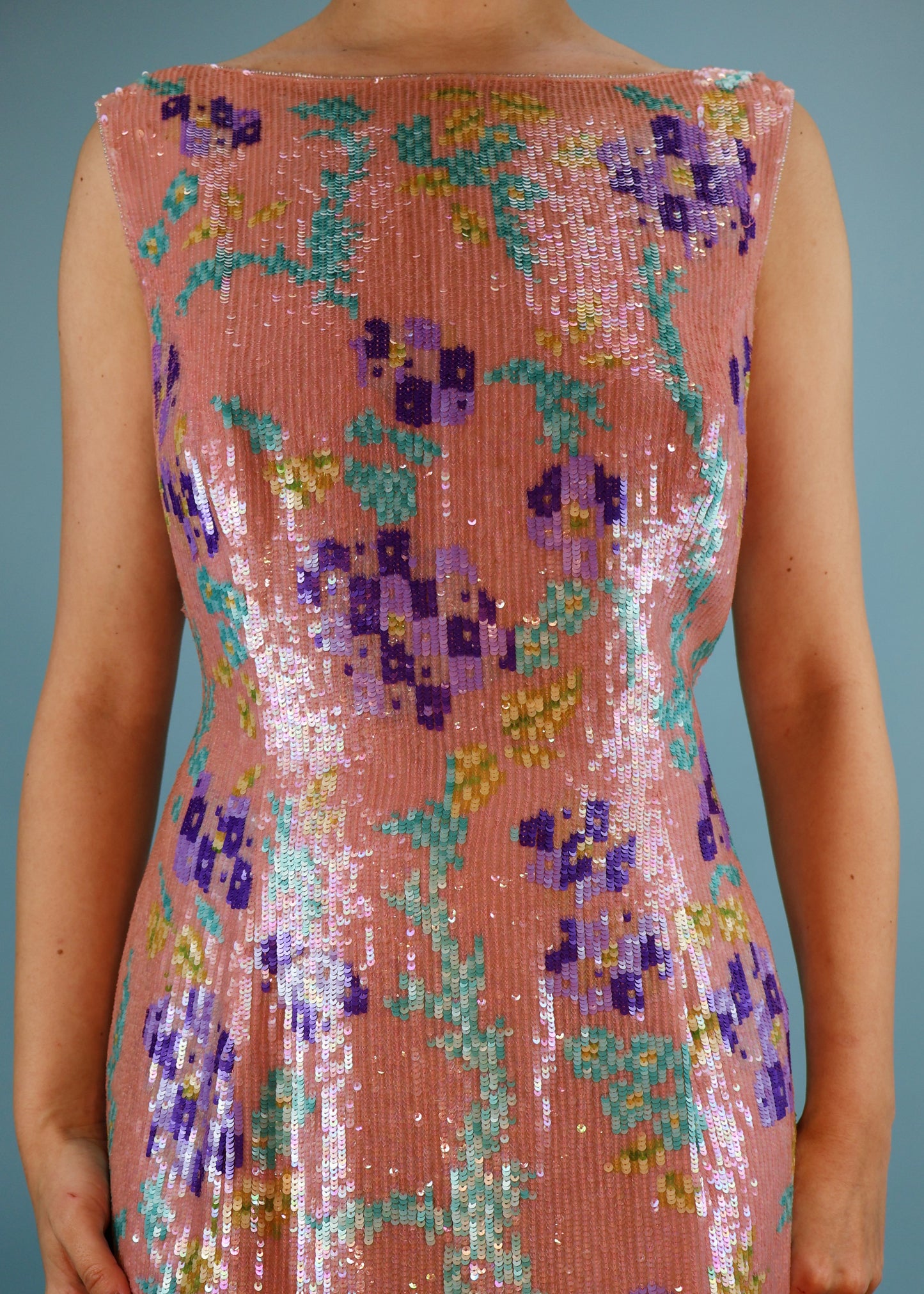 Escada Spring 2001 Runway Floral Sequin & Bead Embellished Silk Dress
