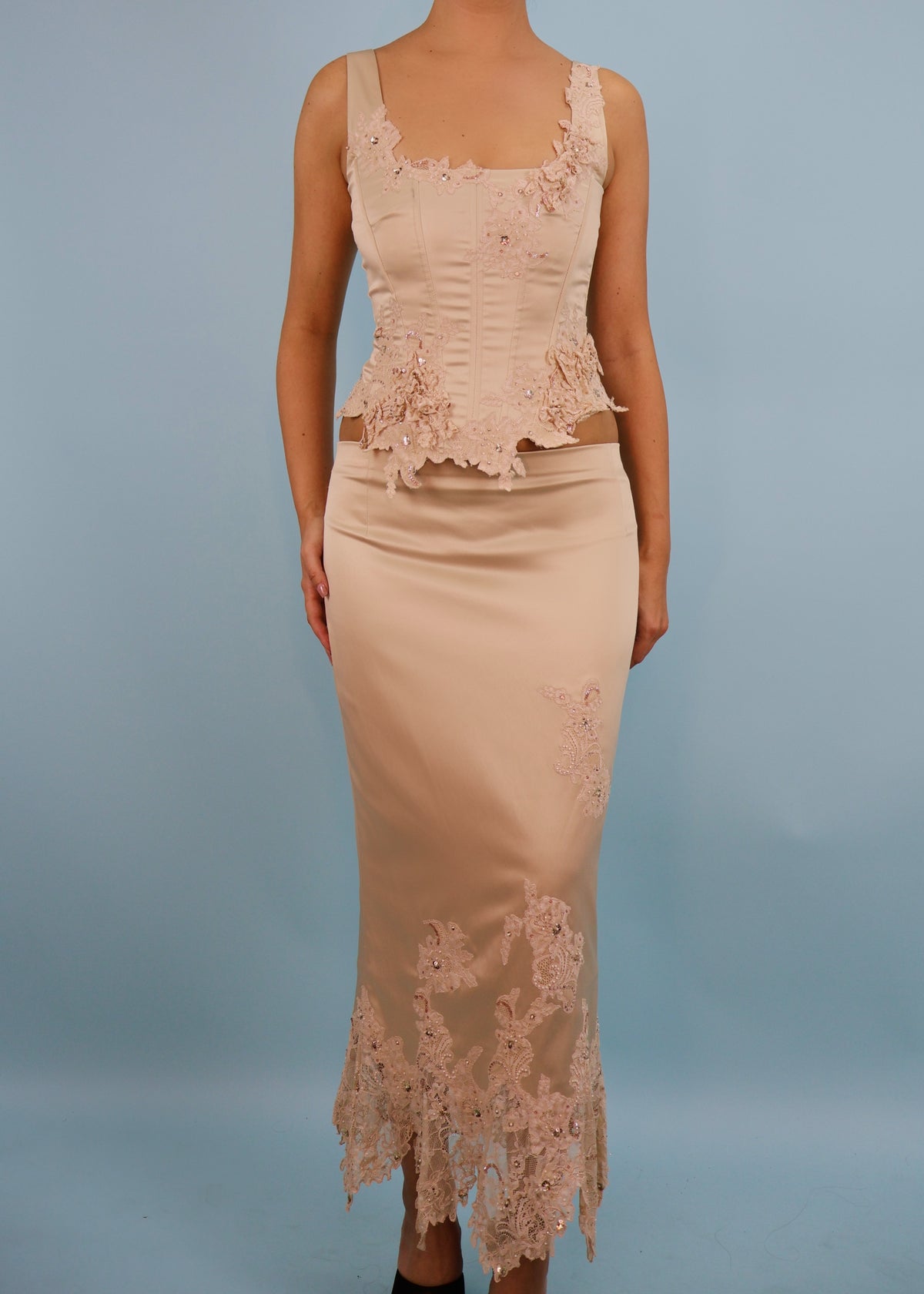 Mandalay Light Beige Satin & Lace Embellished Corset & Skirt Set