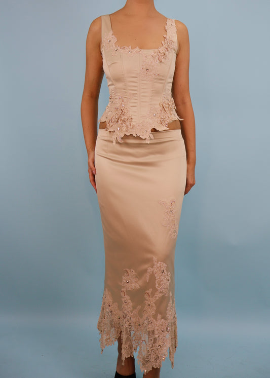 Mandalay Light Beige Satin & Lace Embellished Corset & Skirt Set