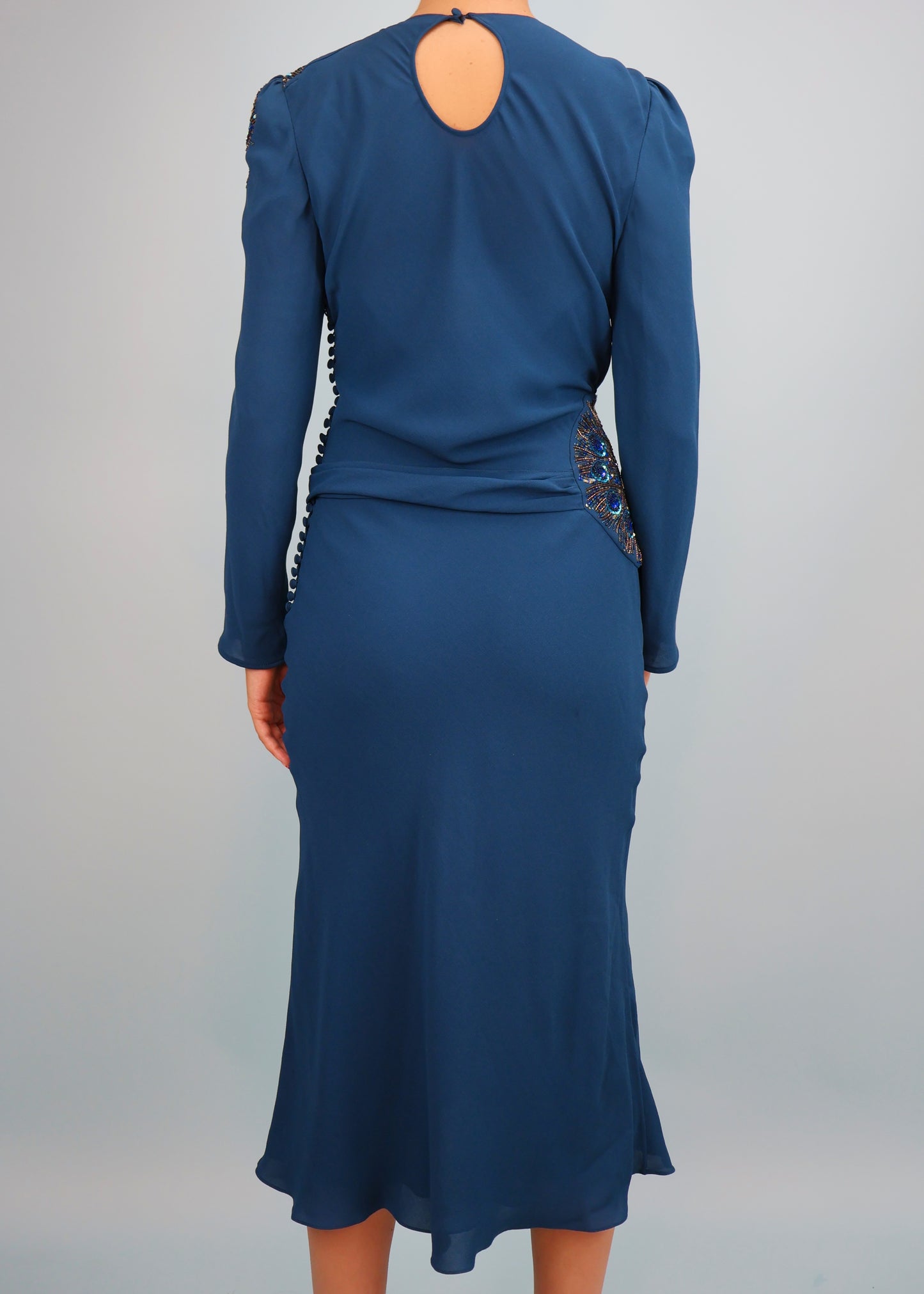 Dior Fall 2005 Teal Blue Silk Chiffon Embellished & Belted Midi Dress