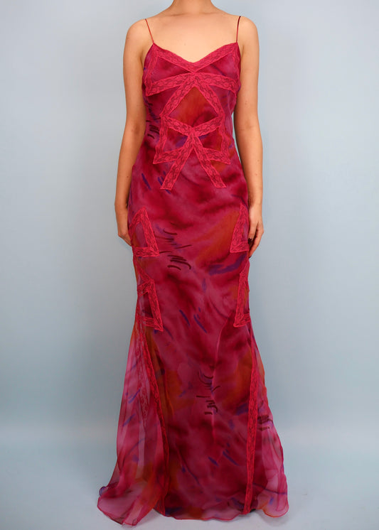 Dior Spring 2001 Pink Tie Dye Silk Bow Lace Gown