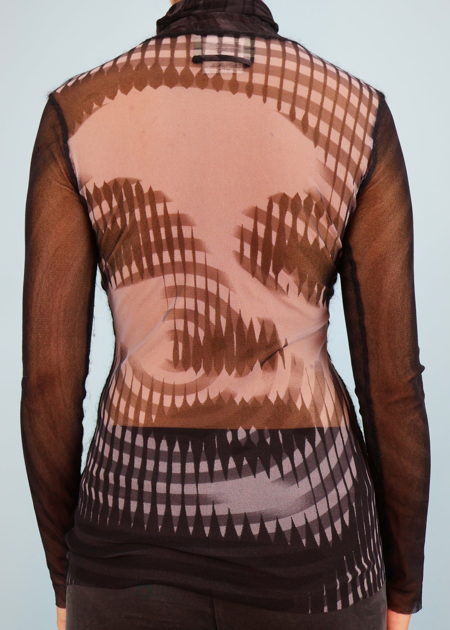 Jean Paul Gaultier Fall 2001 Colour Block & Greta Garbo Face Print Mesh Top