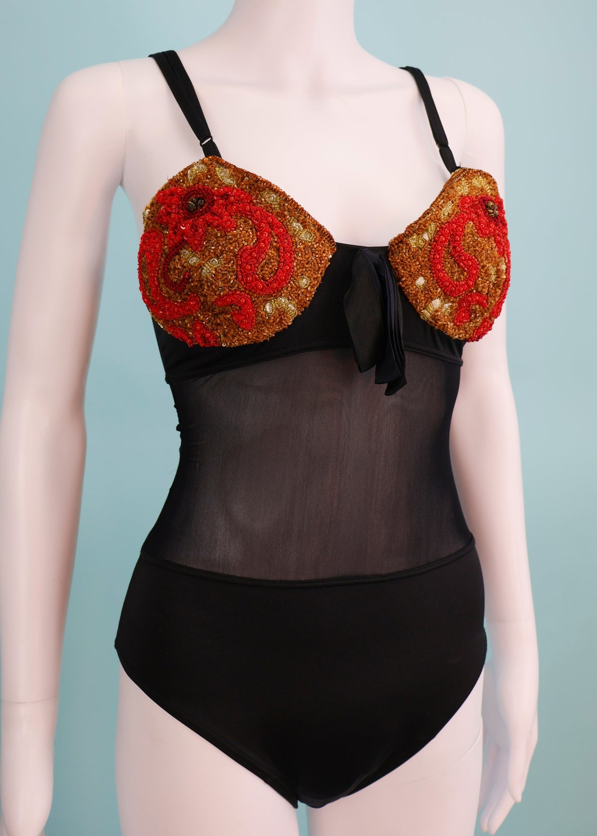 Blumarine Spring 1991 Runway Red & Gold Embellished Black Mesh Cutout Swimsuit