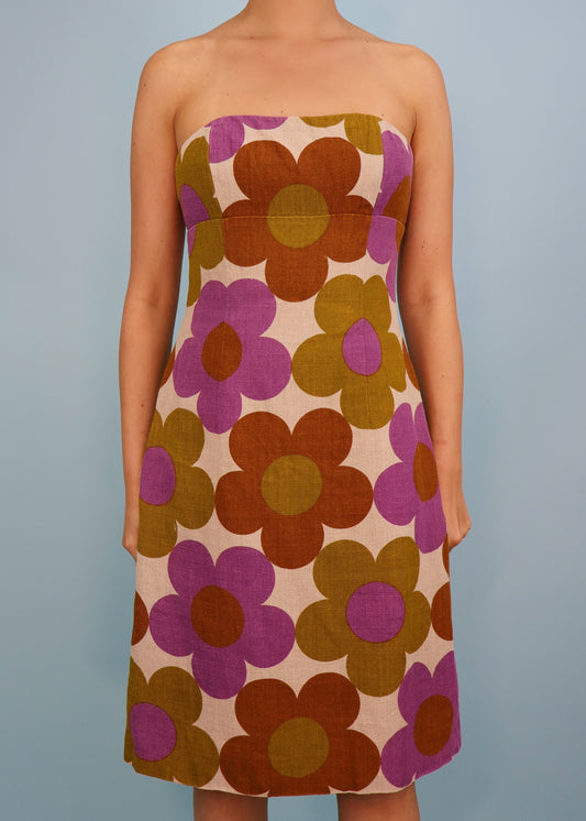 Celine Spring 2002 Runway Floral Linen Corseted Strapless Dress
