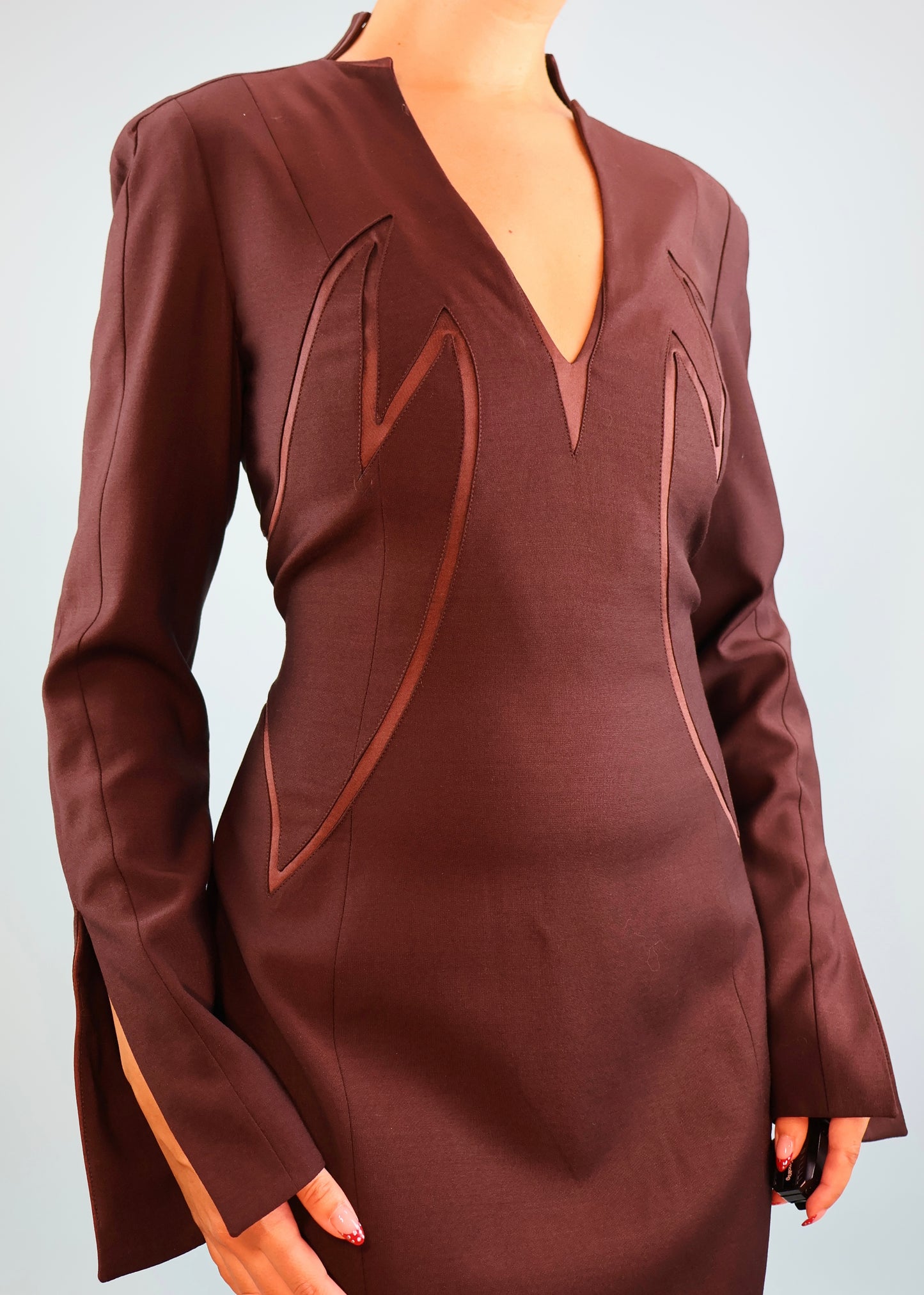 Thierry Mugler Fall 2001 Brown Satin Trim Sculptural Dress