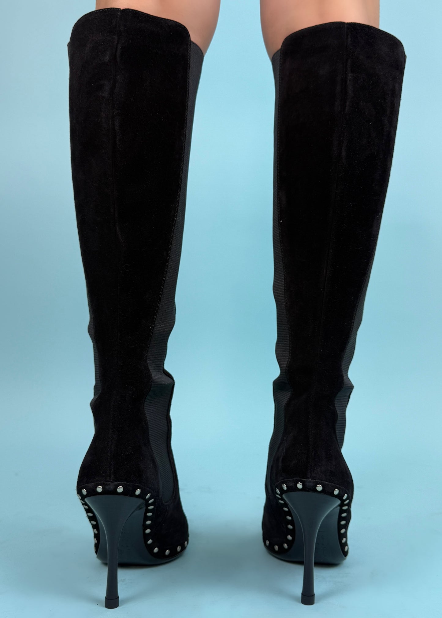 Celine Black Suede Leather Studded Sole Heeled Boots