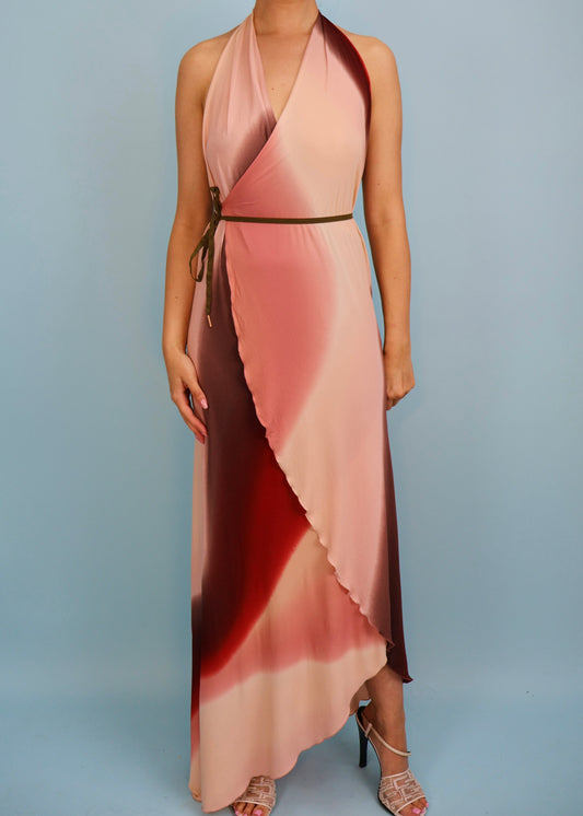 Fendi Spring 2004 Runway Pink & Red Wrap Backless Halter Dress