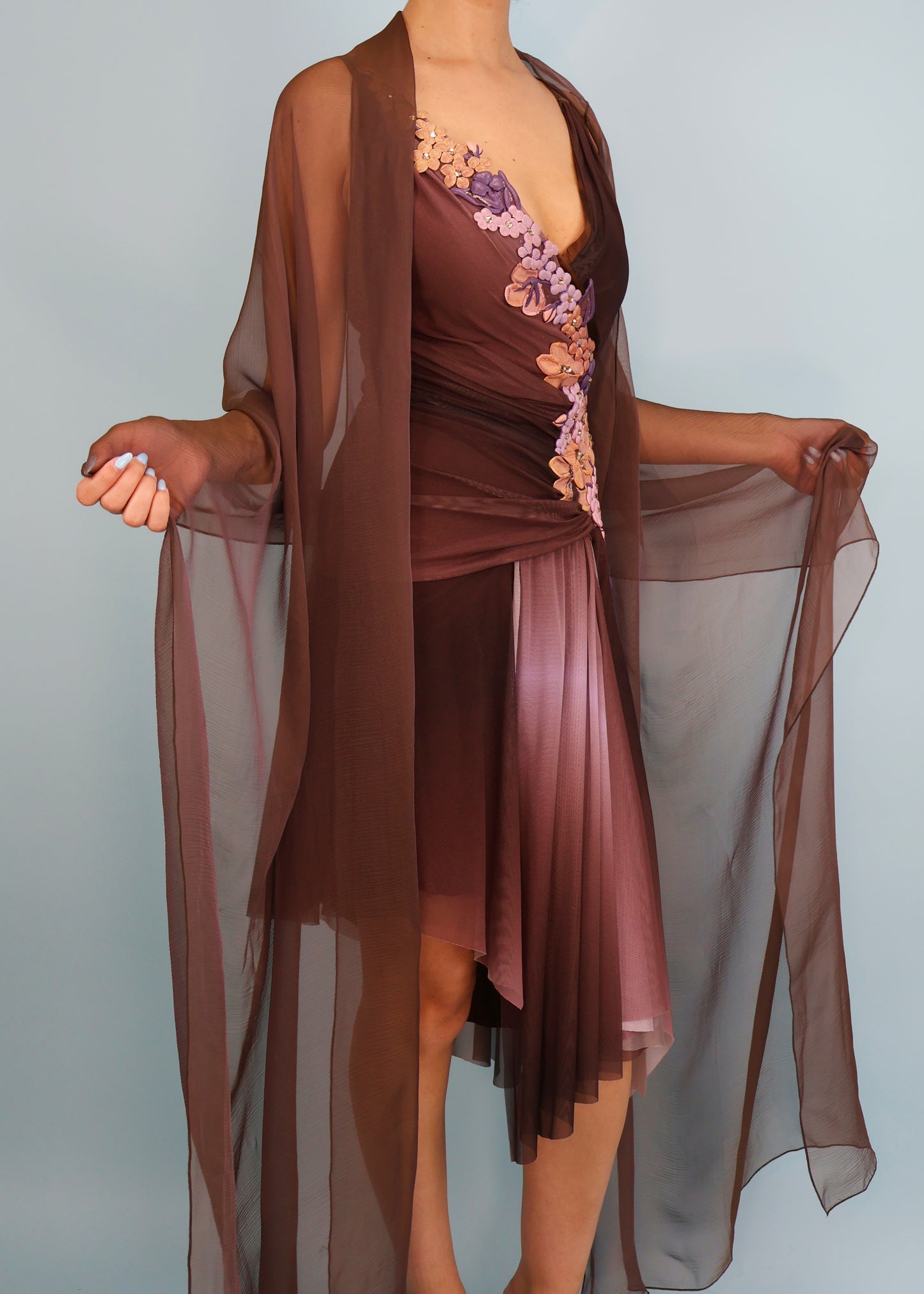 Ema Savahl Couture Hand Painted Floral & Crystal Embellishment Brown Asymmetric Dress & Scarf