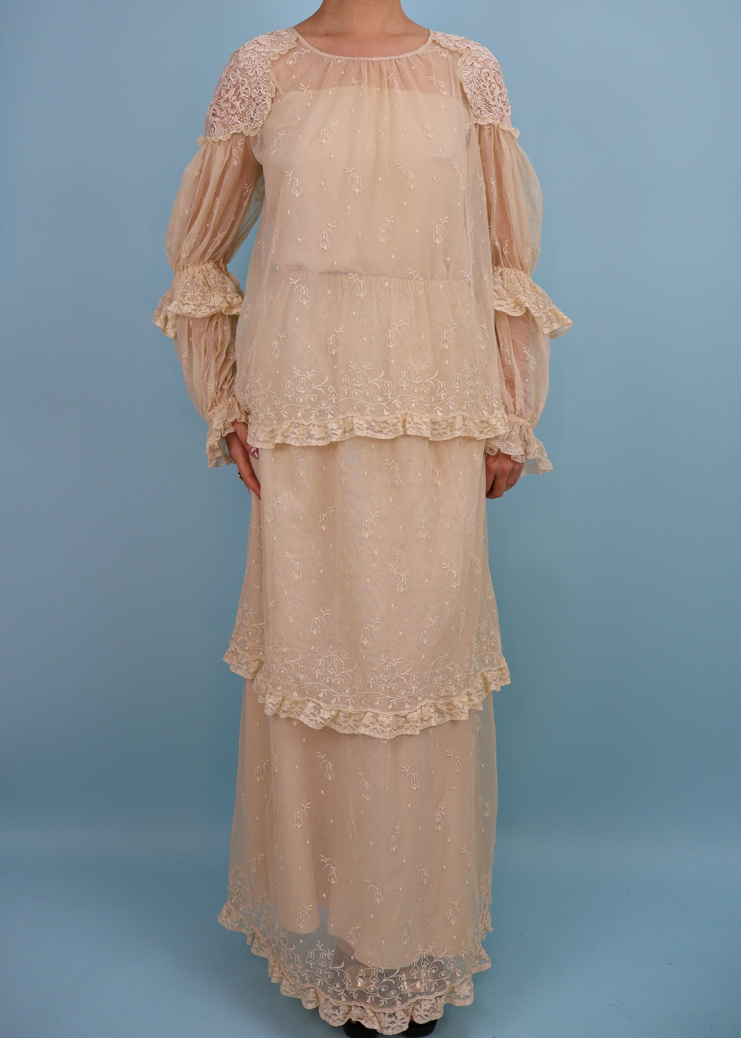 Chloé Spring 1978 Runway Cream Embroidered Lace Blouse, Tiered Skirt & Slip Dress Set