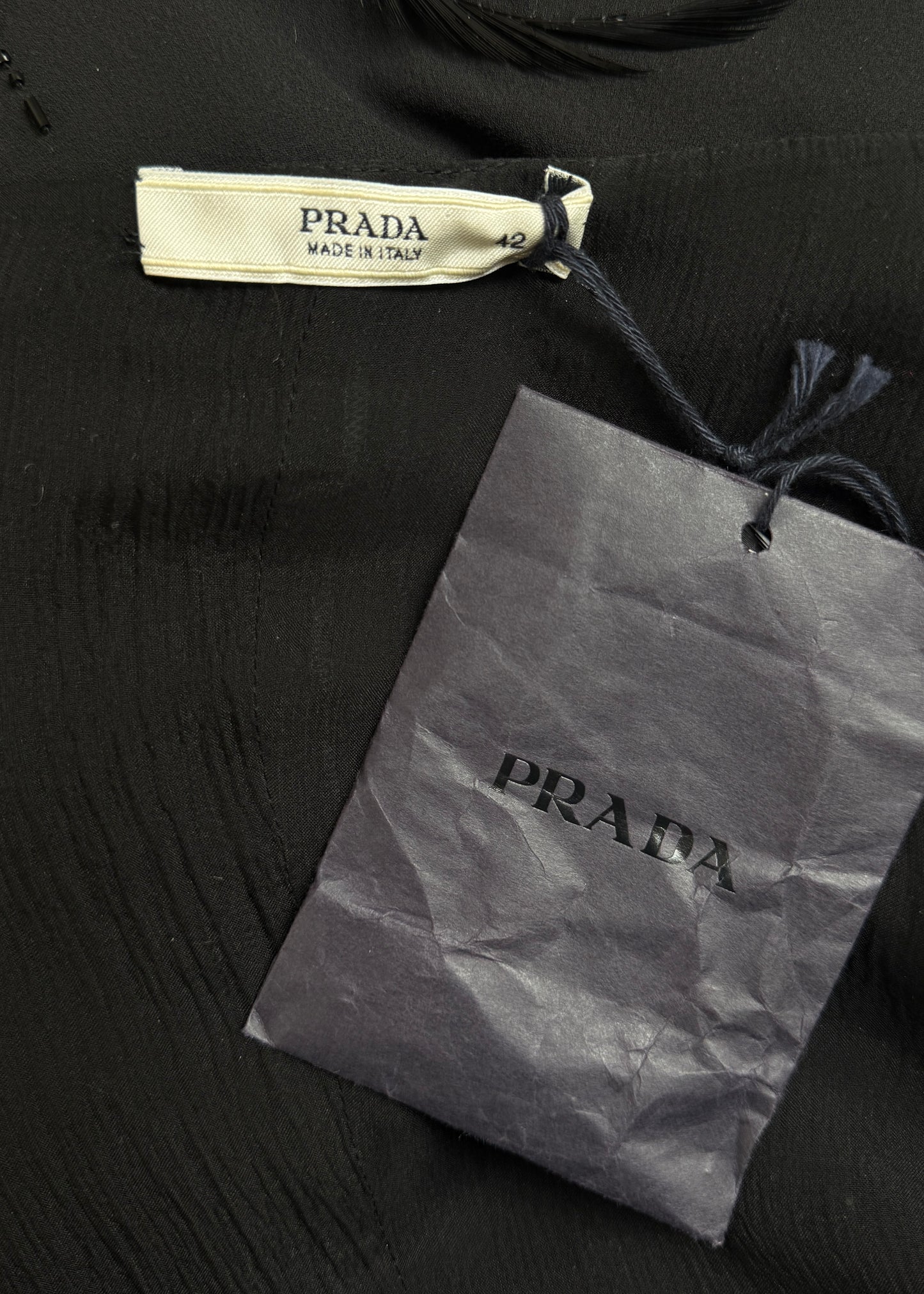Prada Black Silk Chiffon Bead & Feather Embellished Peephole Dress