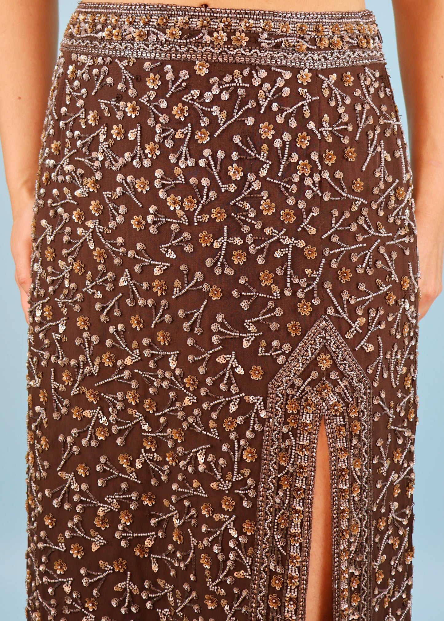 Escada Brown Floral Beaded Embellished Silk Skirt