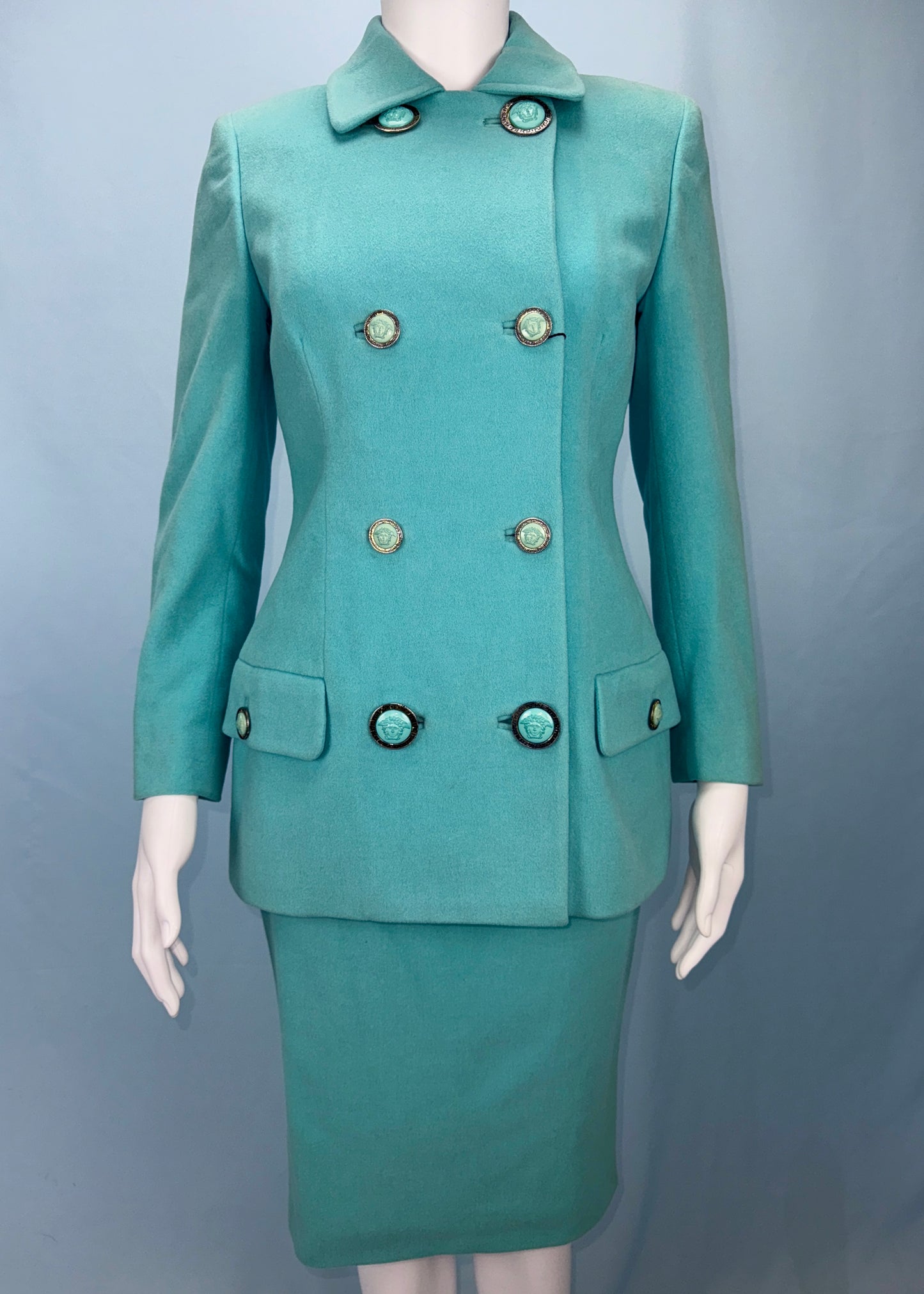 Versace Blue Medusa Button Jacket & Skirt Suit Set