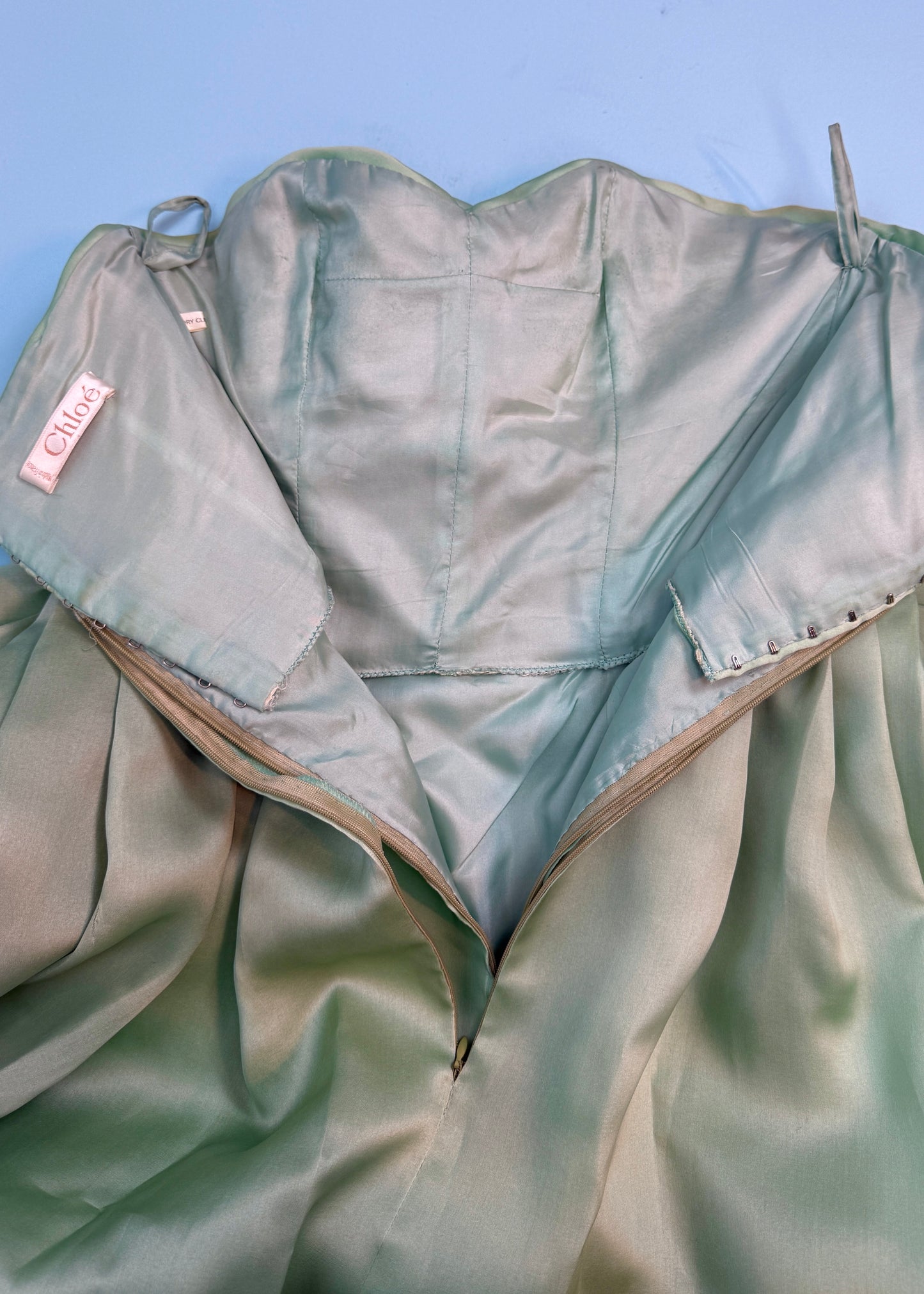 Chloé Spring 1991 Runway Green Silk Corsage Strapless Gown