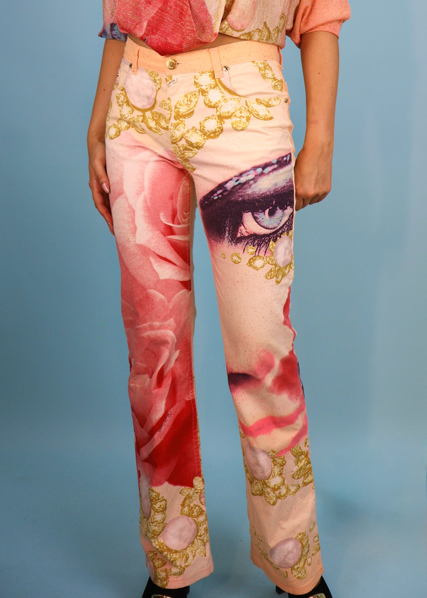 Roberto Cavalli Spring 2001 Runway Pink Face Print Cowl Knit Top & Jeans Set