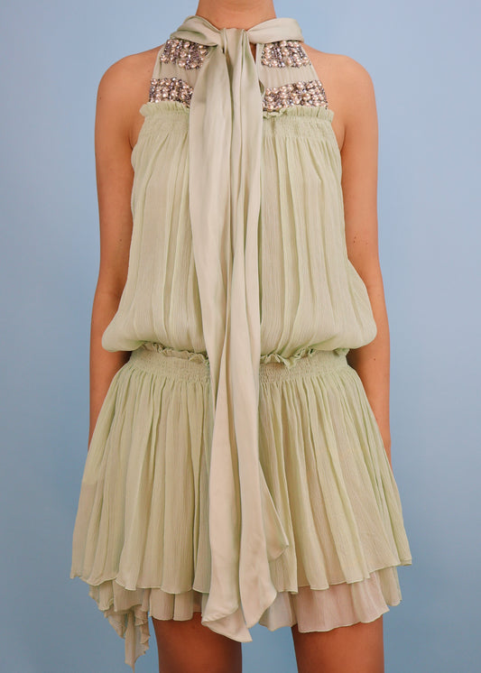 Roberto Cavalli Spring 2007 Mint Green Silk Chiffon Embellished Shirred Dress