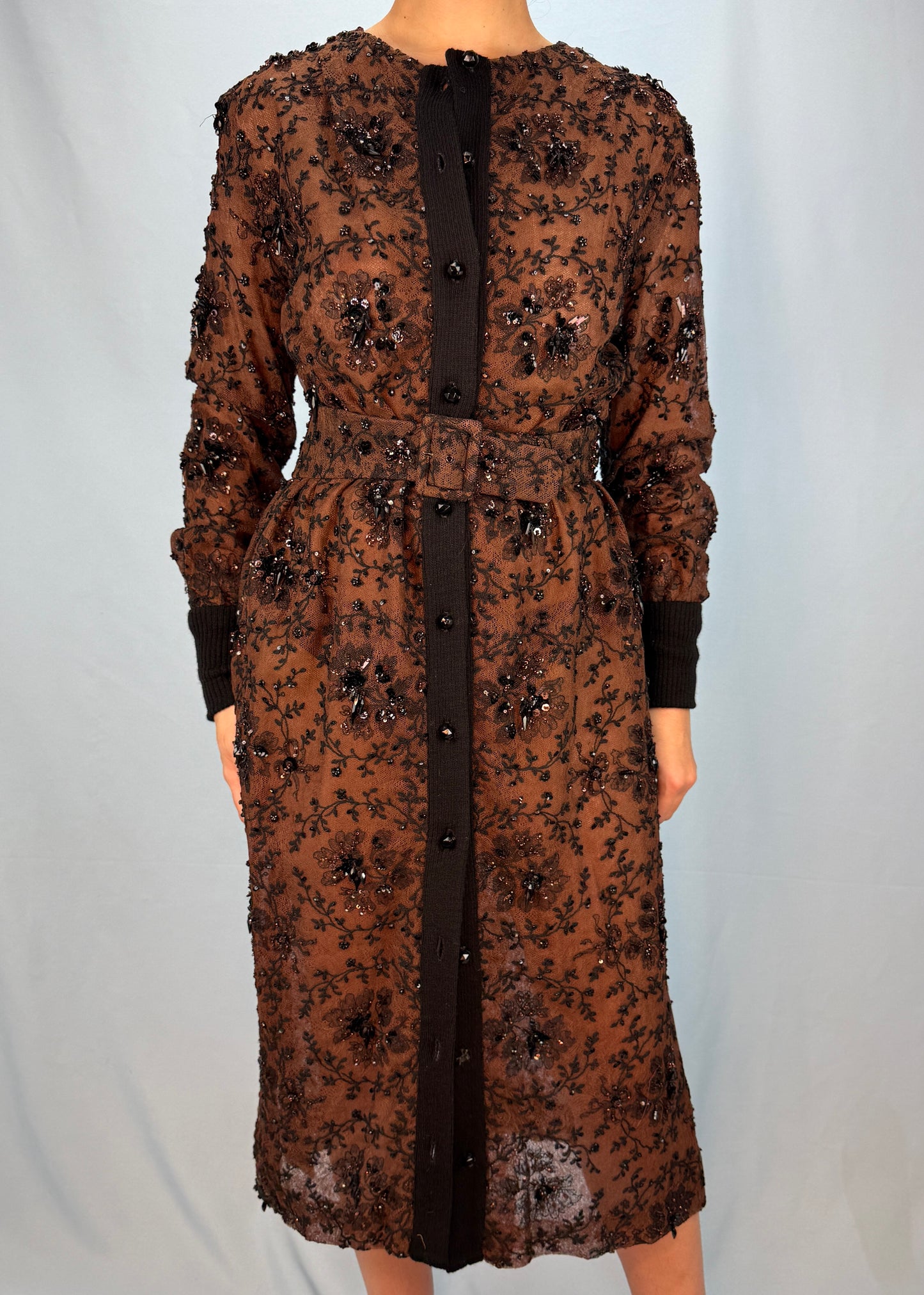 Balmain Brown Embellished Belted Button Down Dress