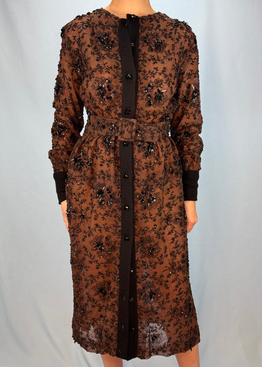 Balmain Brown Embellished Belted Button Down Dress