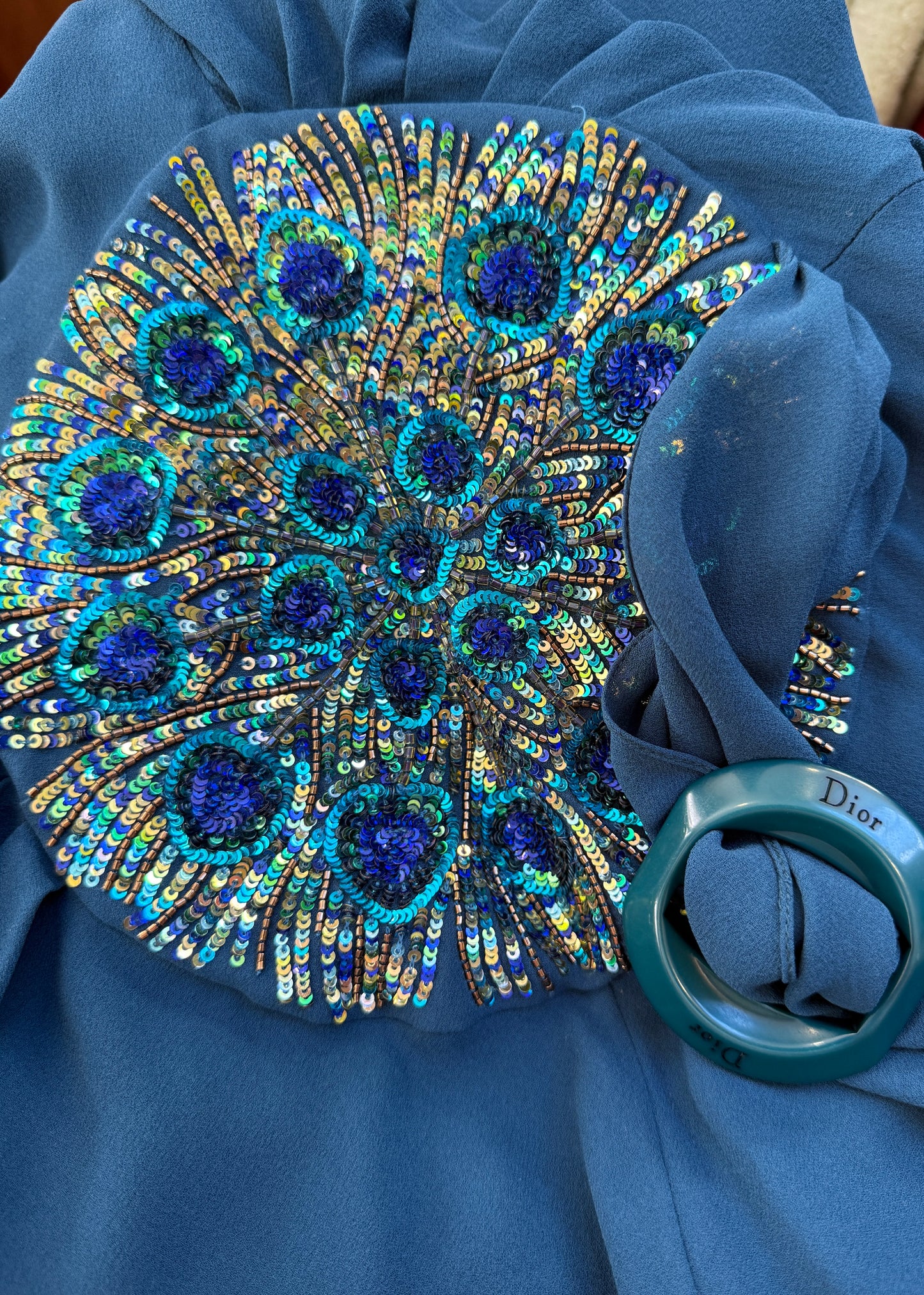 Dior Fall 2005 Teal Blue Silk Chiffon Embellished & Belted Midi Dress