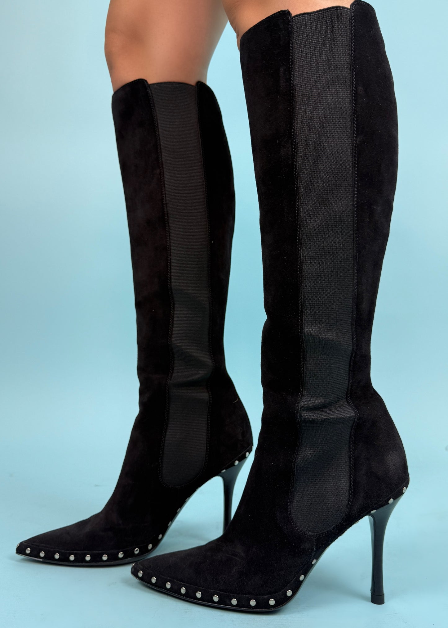 Celine Black Suede Leather Studded Sole Heeled Boots