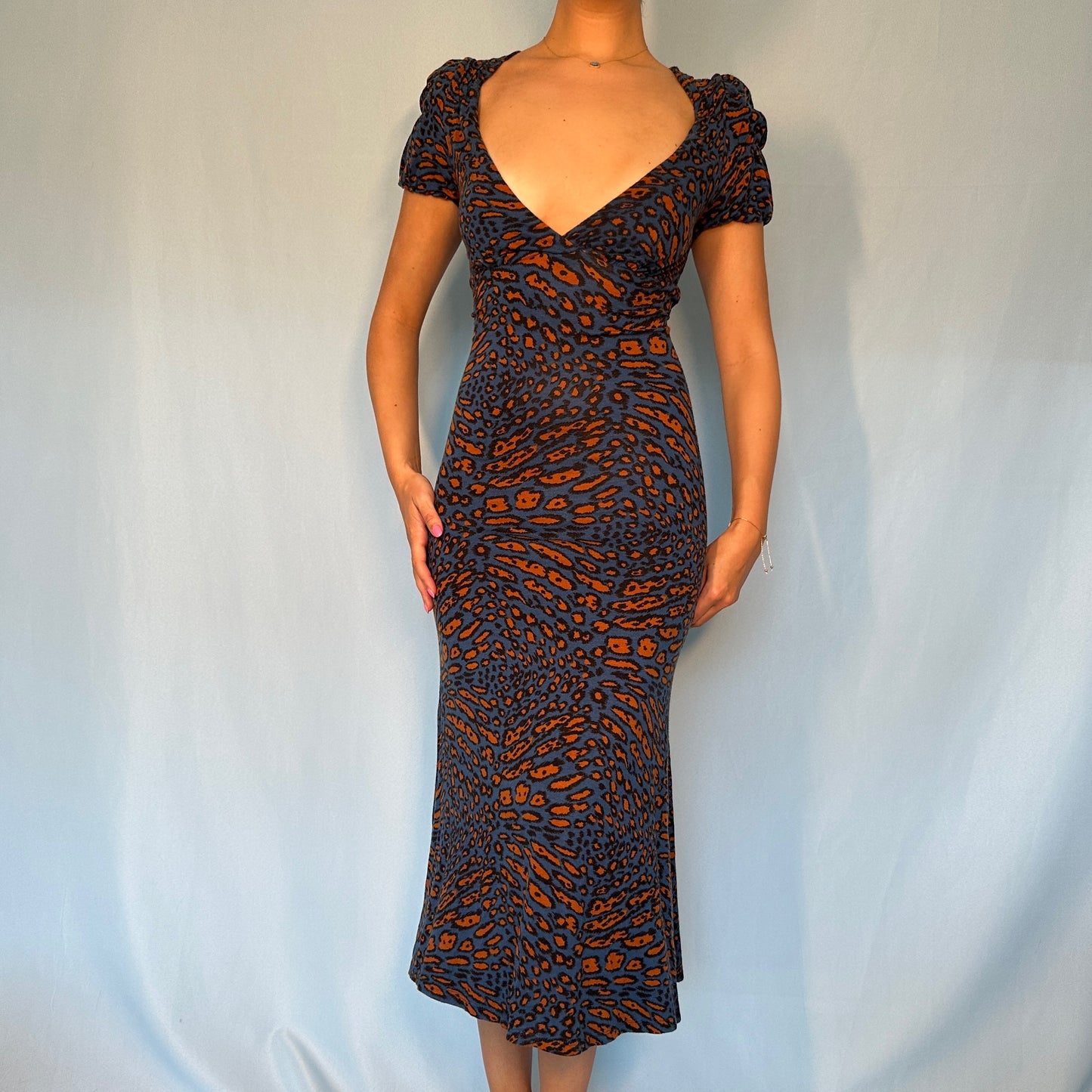 Betsey Johnson Blue Leopard Print Midi Dress