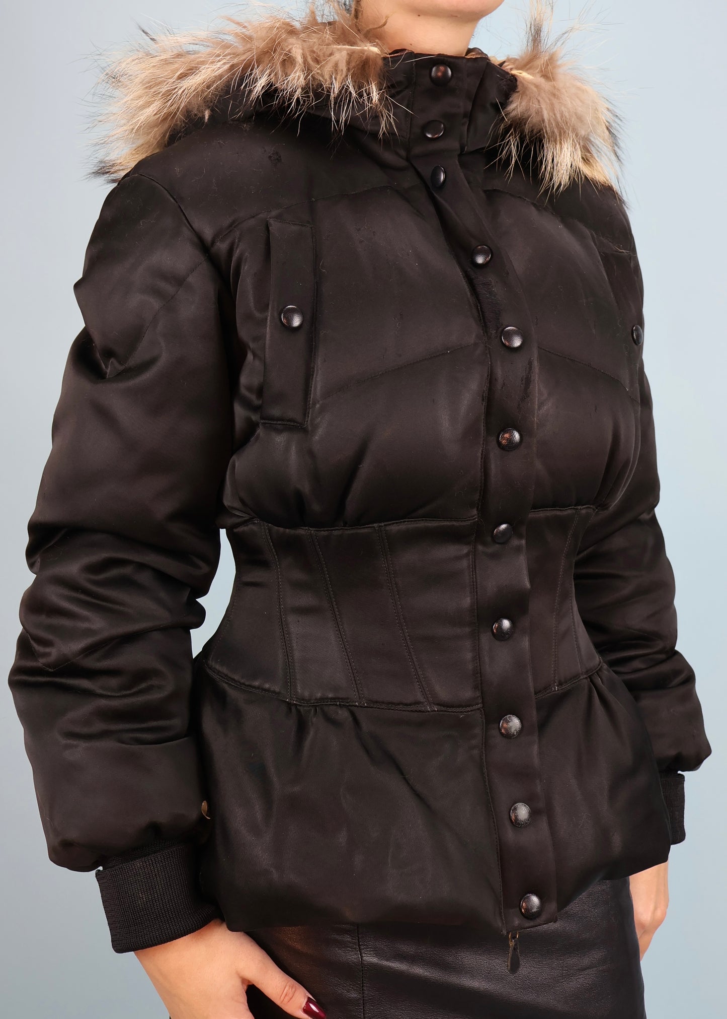 Alexander McQueen Fall 2003 Black Satin Corset & Fur Hood Puffer Jacket