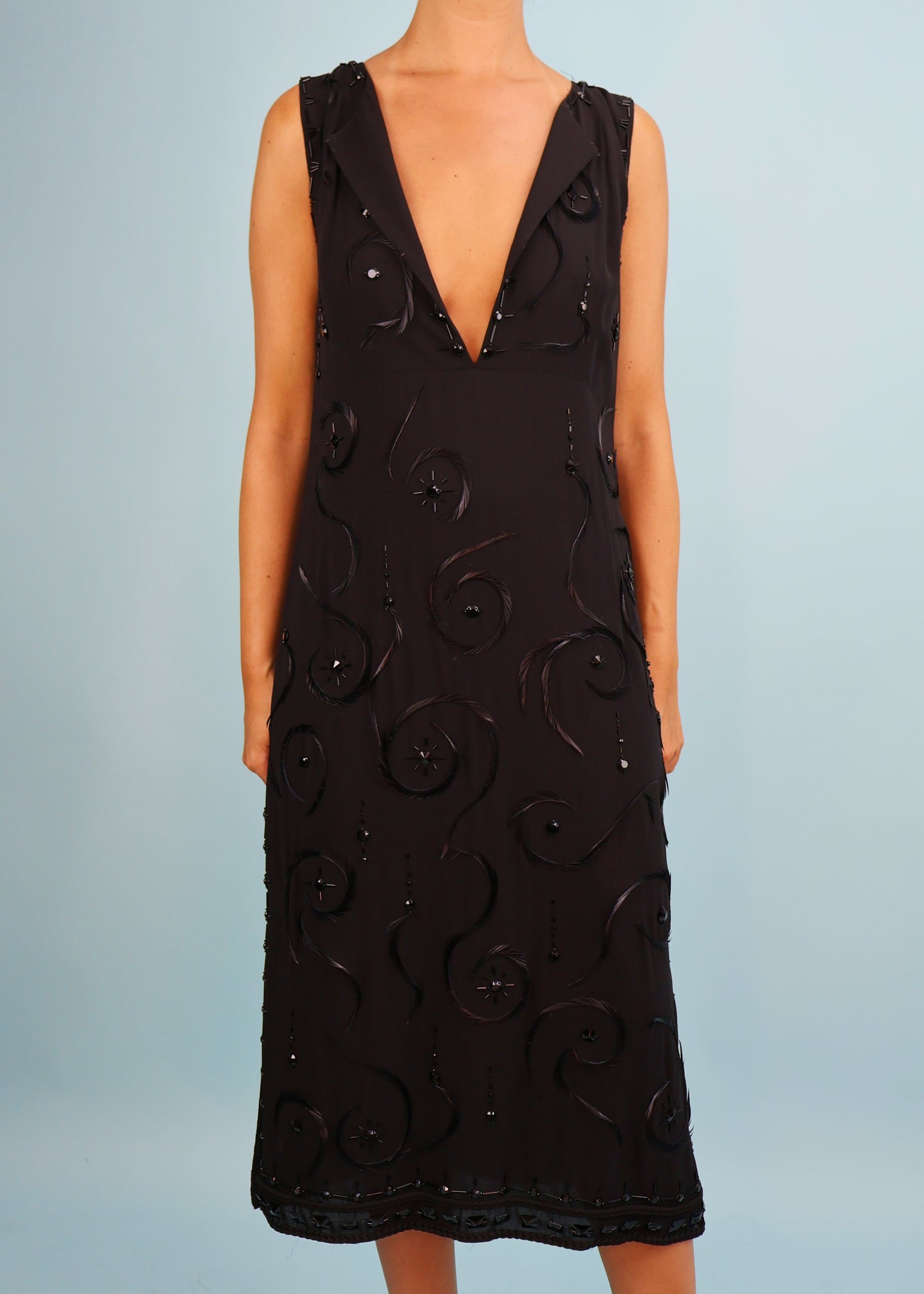 Prada Black Silk Chiffon Bead & Feather Embellished Peephole Dress