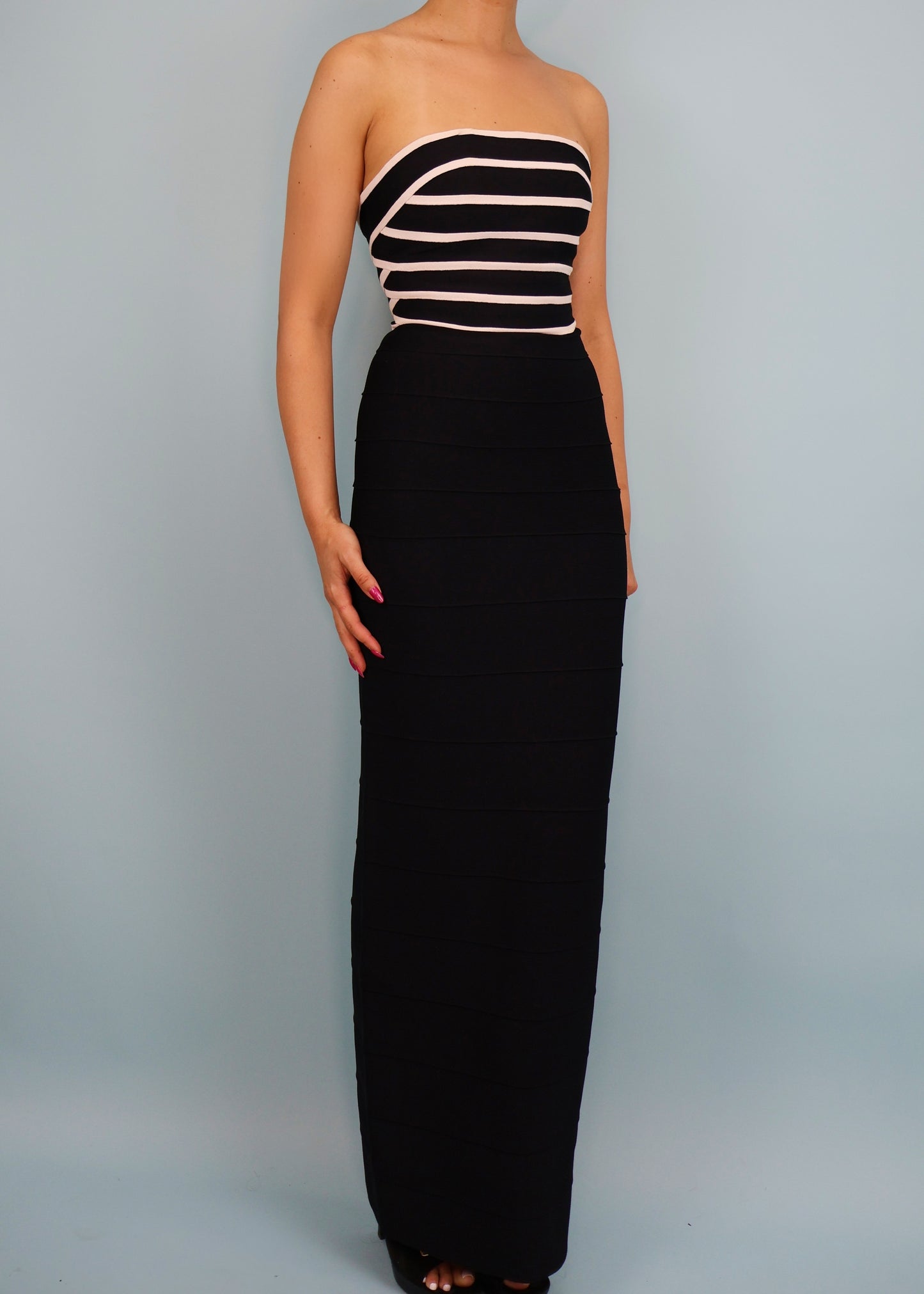 Hervé Léger Couture Spring 1997 Black & White Stripe Strapless Bandage Maxi Dress