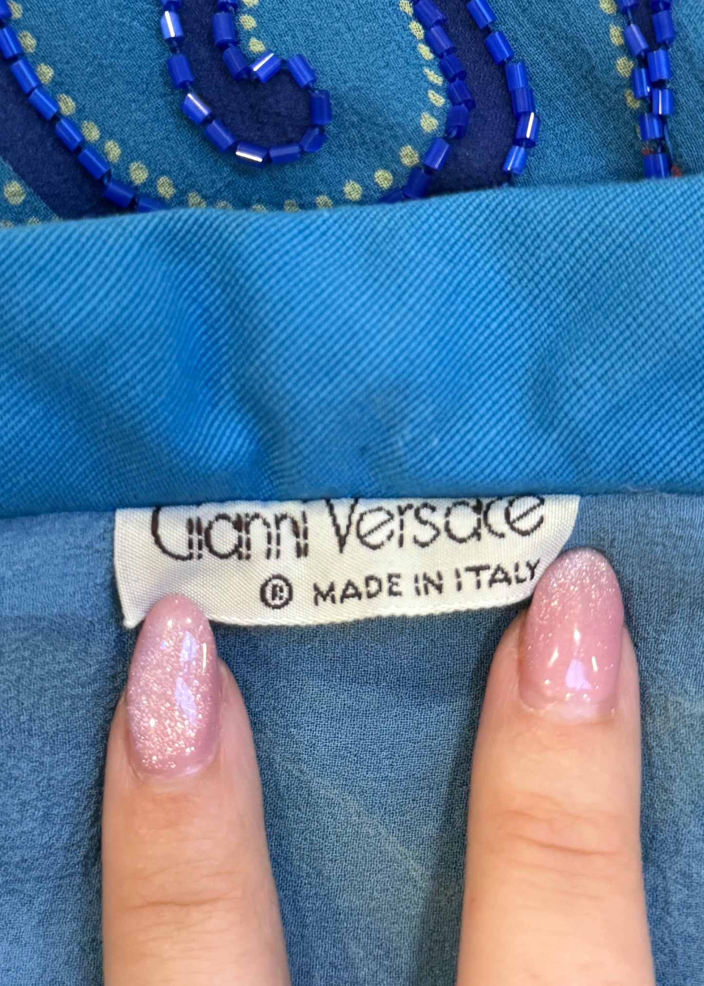 Versace Spring 1982 Runway Blue Embellished Striped Silk Chiffon Dress