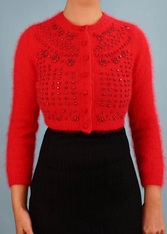 Alexander McQueen Fall 2005 Runway Red Crystal Embellished Angora Cardigan