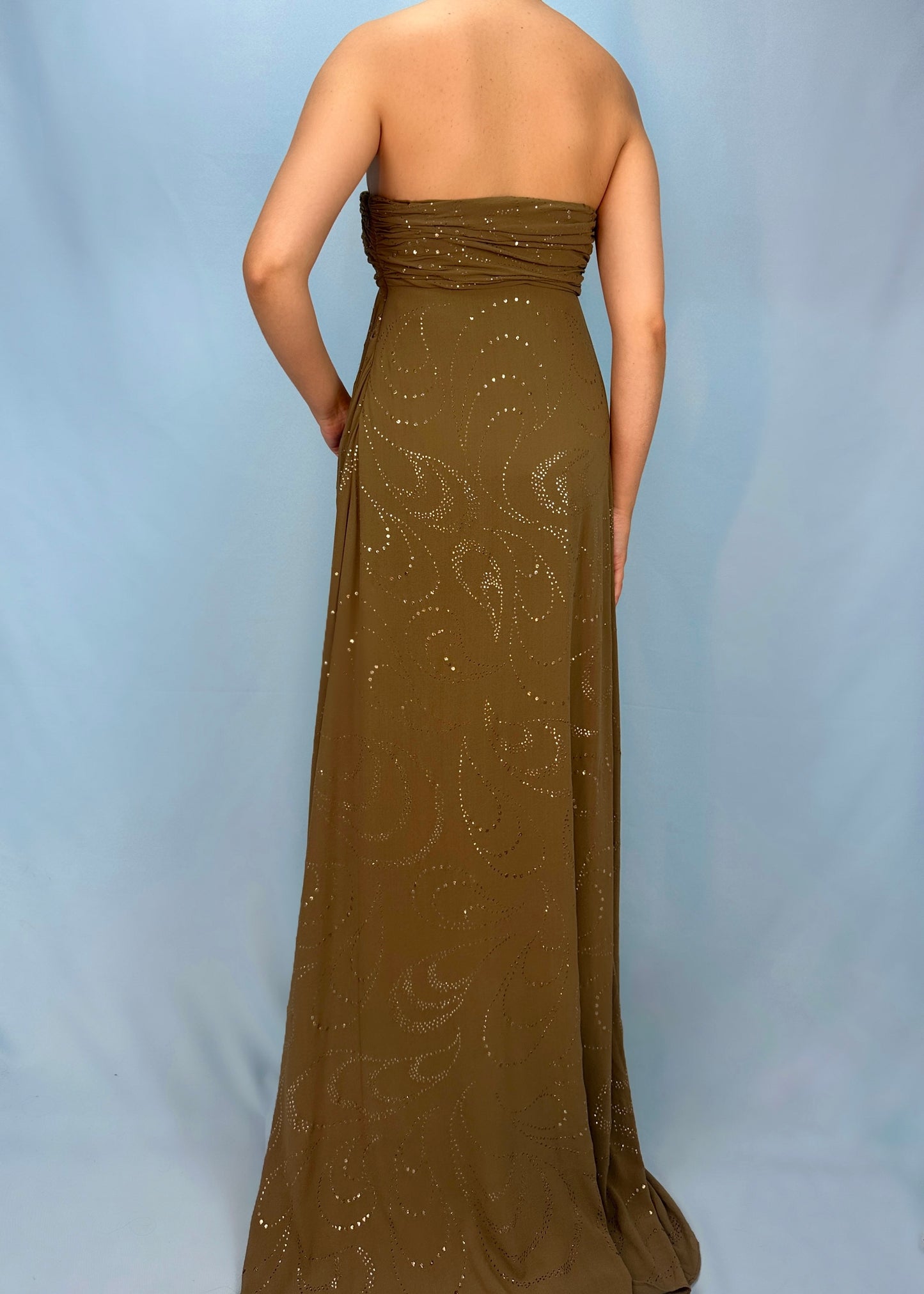 Celine Spring 2003 Runway Khaki Silk Chiffon Embellished Dress