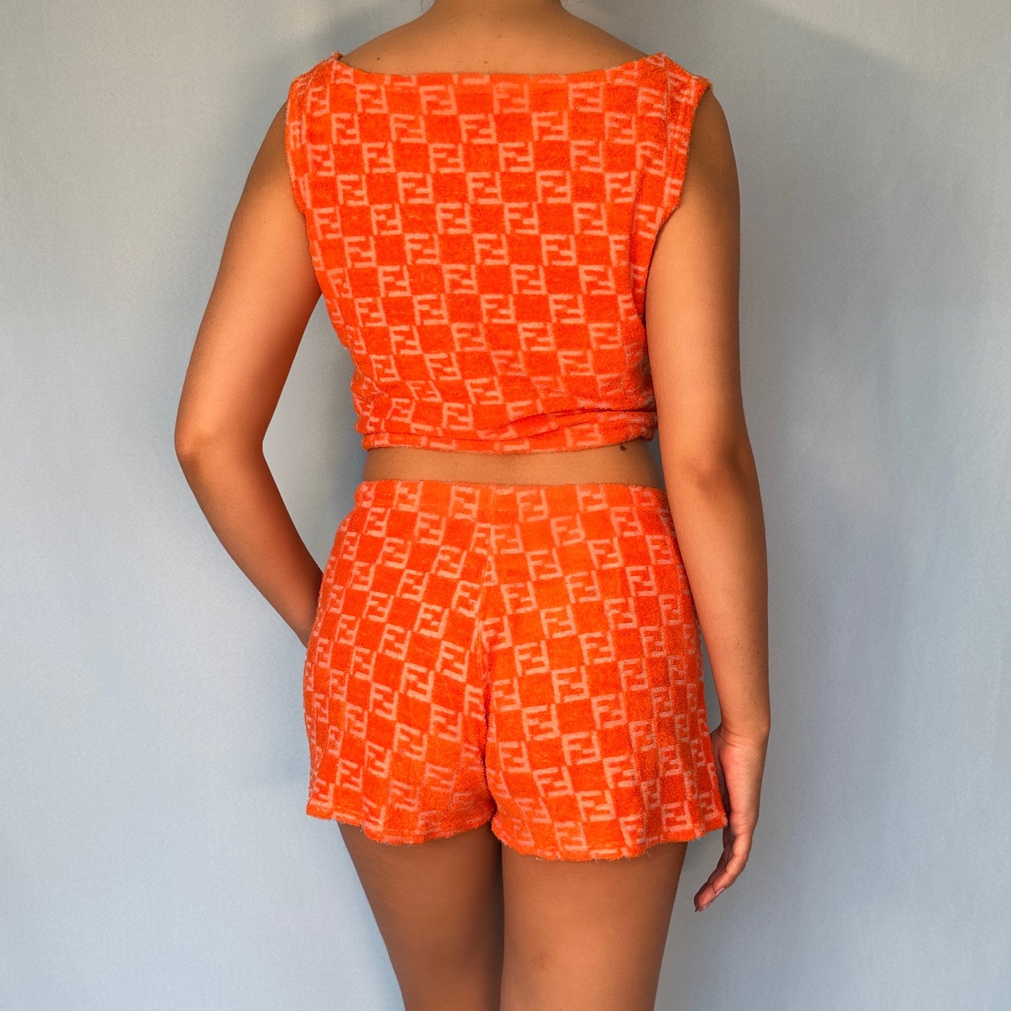 Fendi Orange Zucca Monogram Terry Towelling Shorts & Top Set