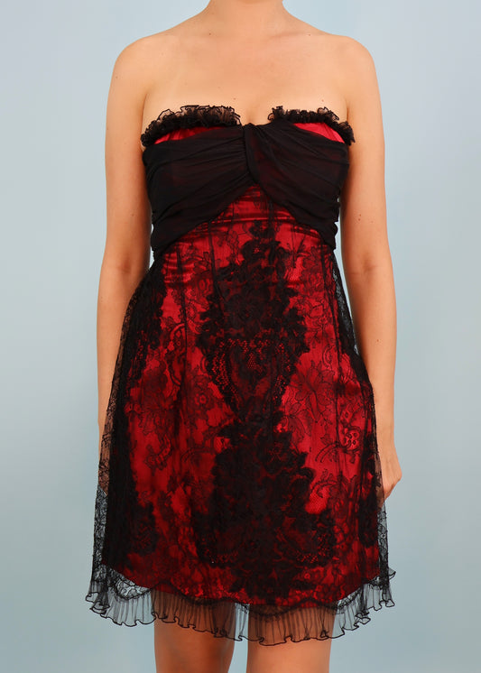 Christian Lacroix Spring 1995 Runway Red Satin & Black Lace Mini Dress