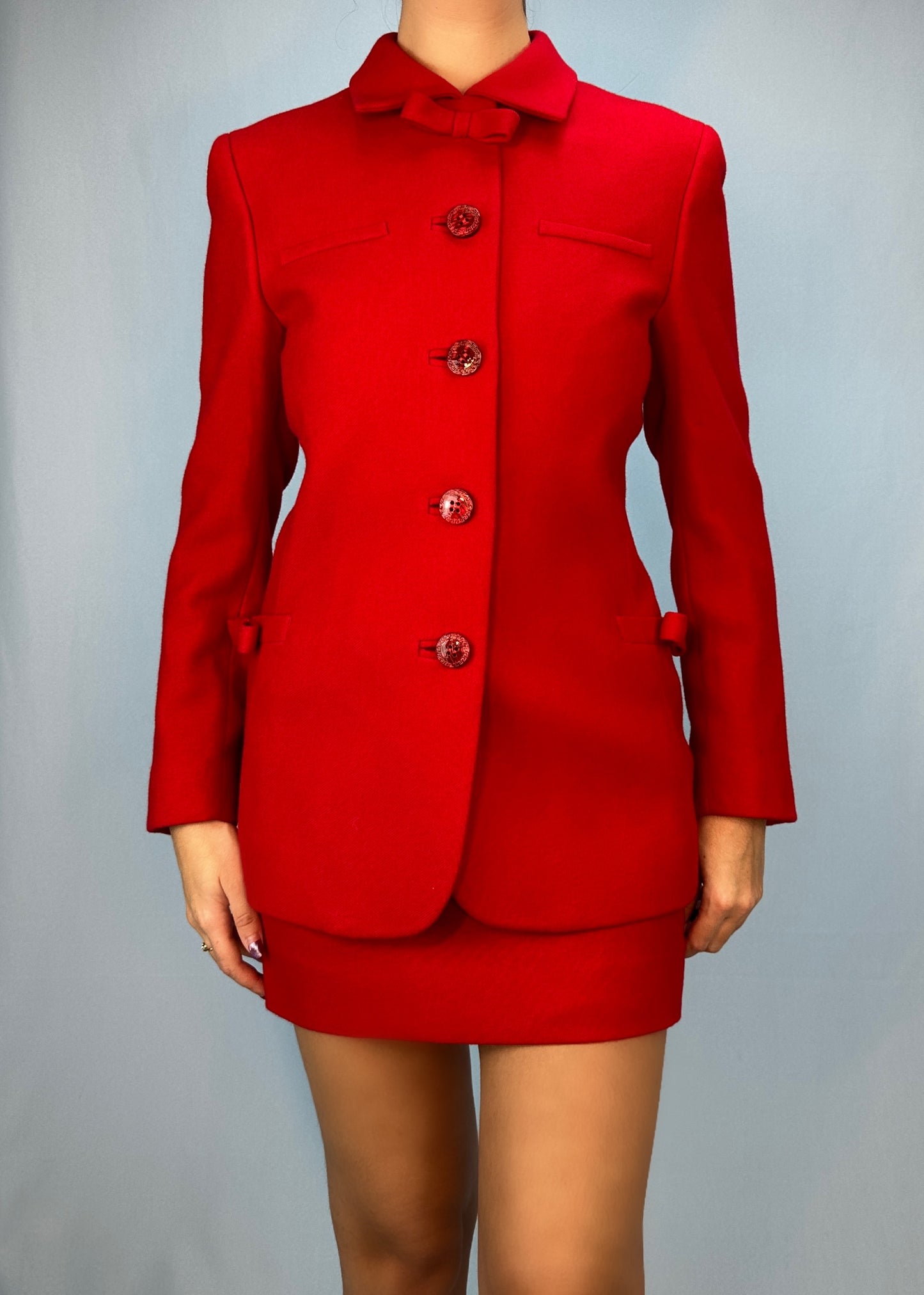 Versace Red Bow Jacket & Skirt Suit Set