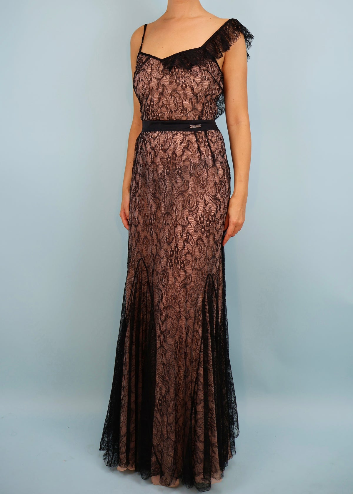 John Galliano Black Lace Asymmetric Ruffle Detail Gown