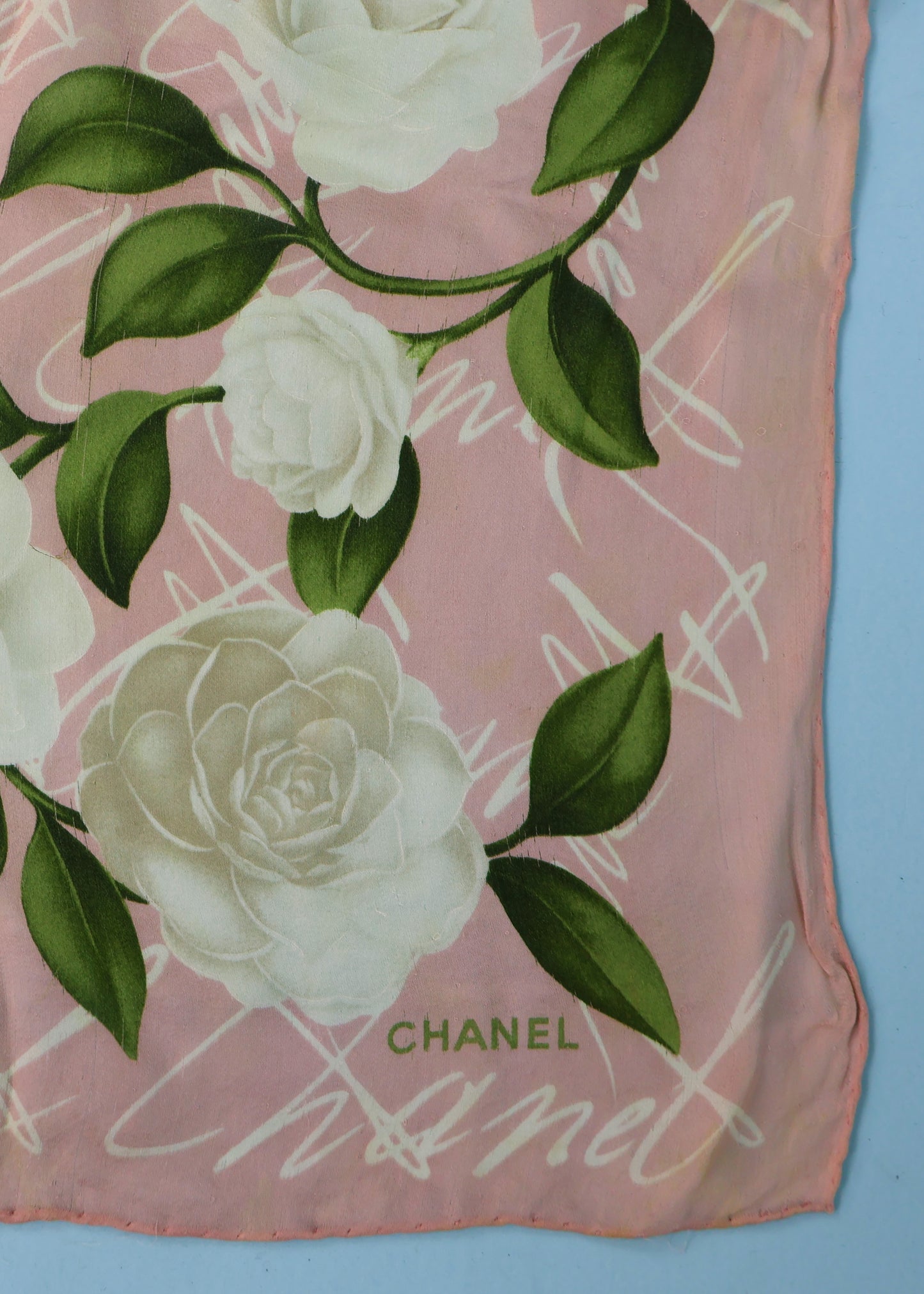 Chanel Pink & White Roses Print Silk Scarf