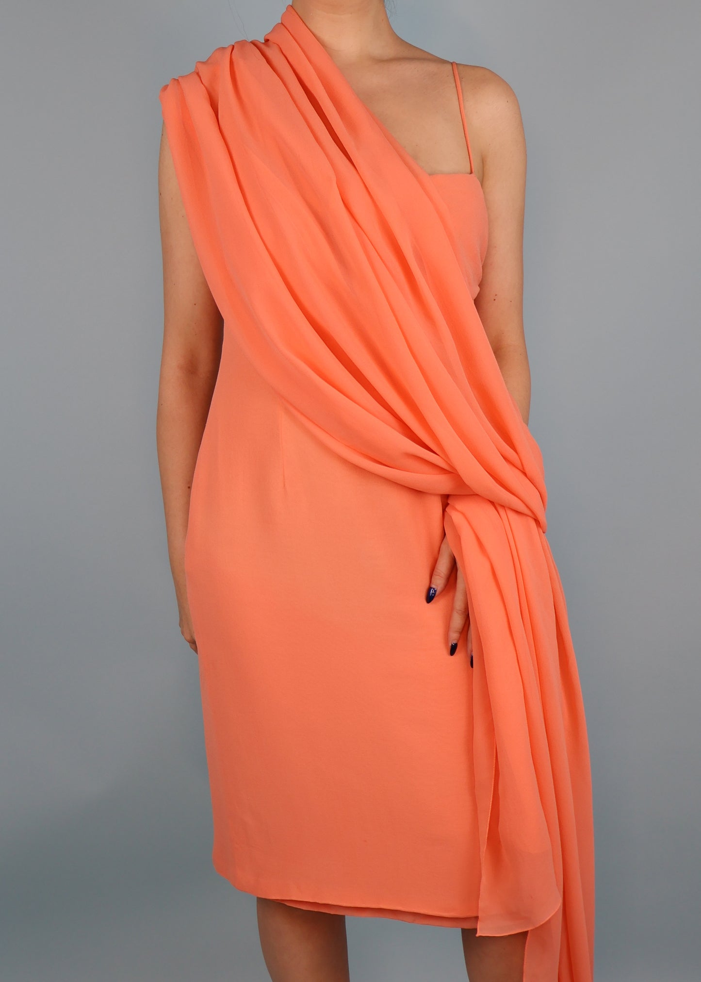 Givenchy Haute Couture Spring 1997 Peach Asymmetric Silk Dress & Shawl