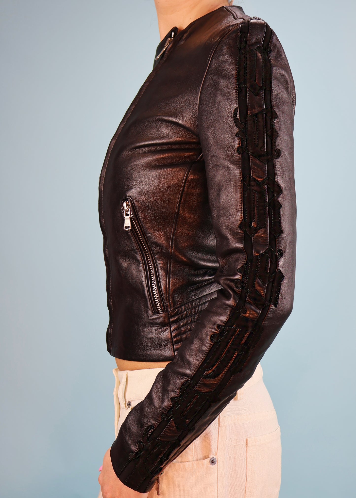 Versace Fall 2002 Gothic Spellout Arms Black Leather Jacket