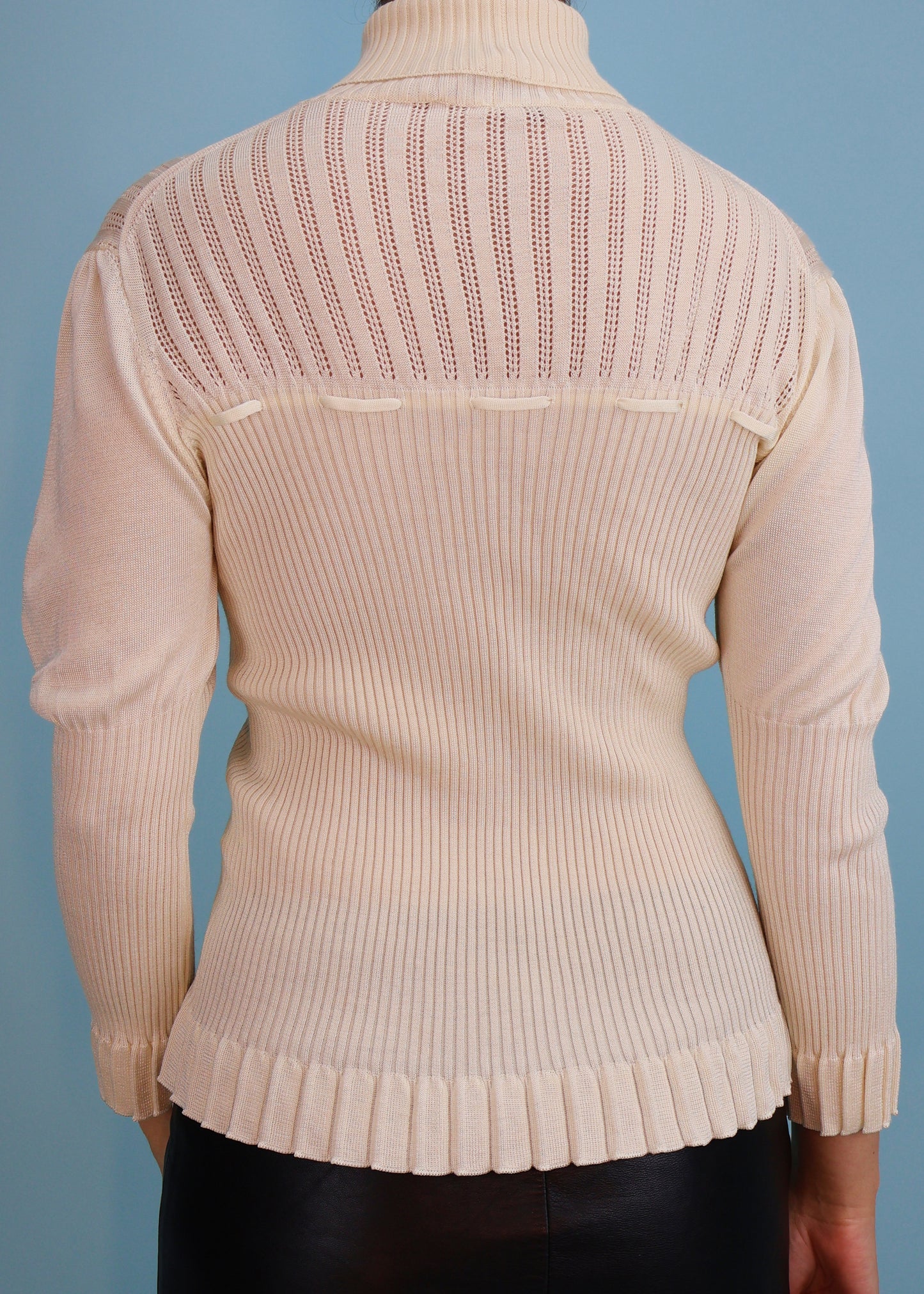 John Galliano Cream Floral Embroidered Knit High Neck Sweater Top