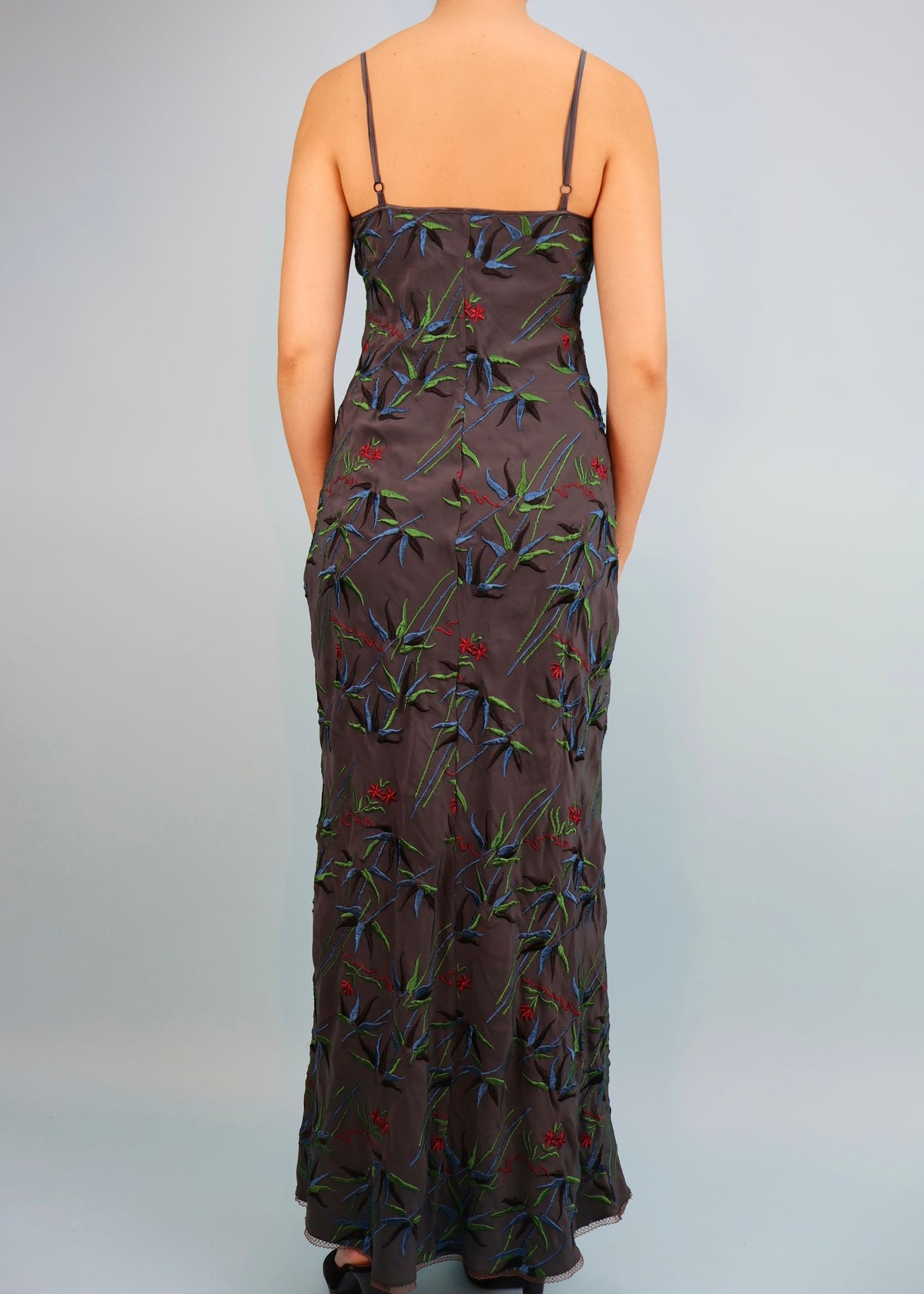 Betsey Johnson Ultra Grey Embroidered Silk Maxi Dress